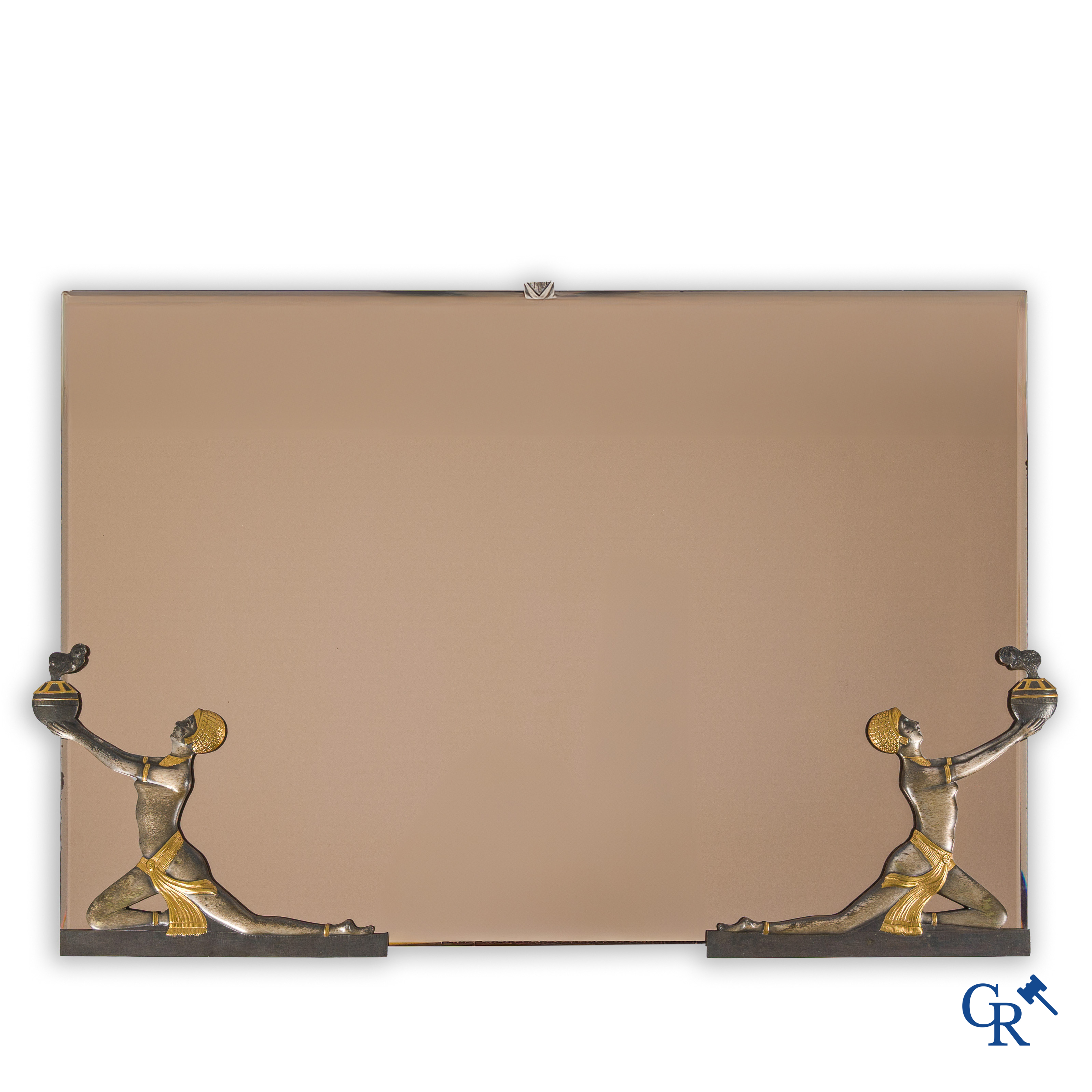 Art Deco, een uitzonderlijke spiegel in verguld en verzilverd brons. Circa 1930.