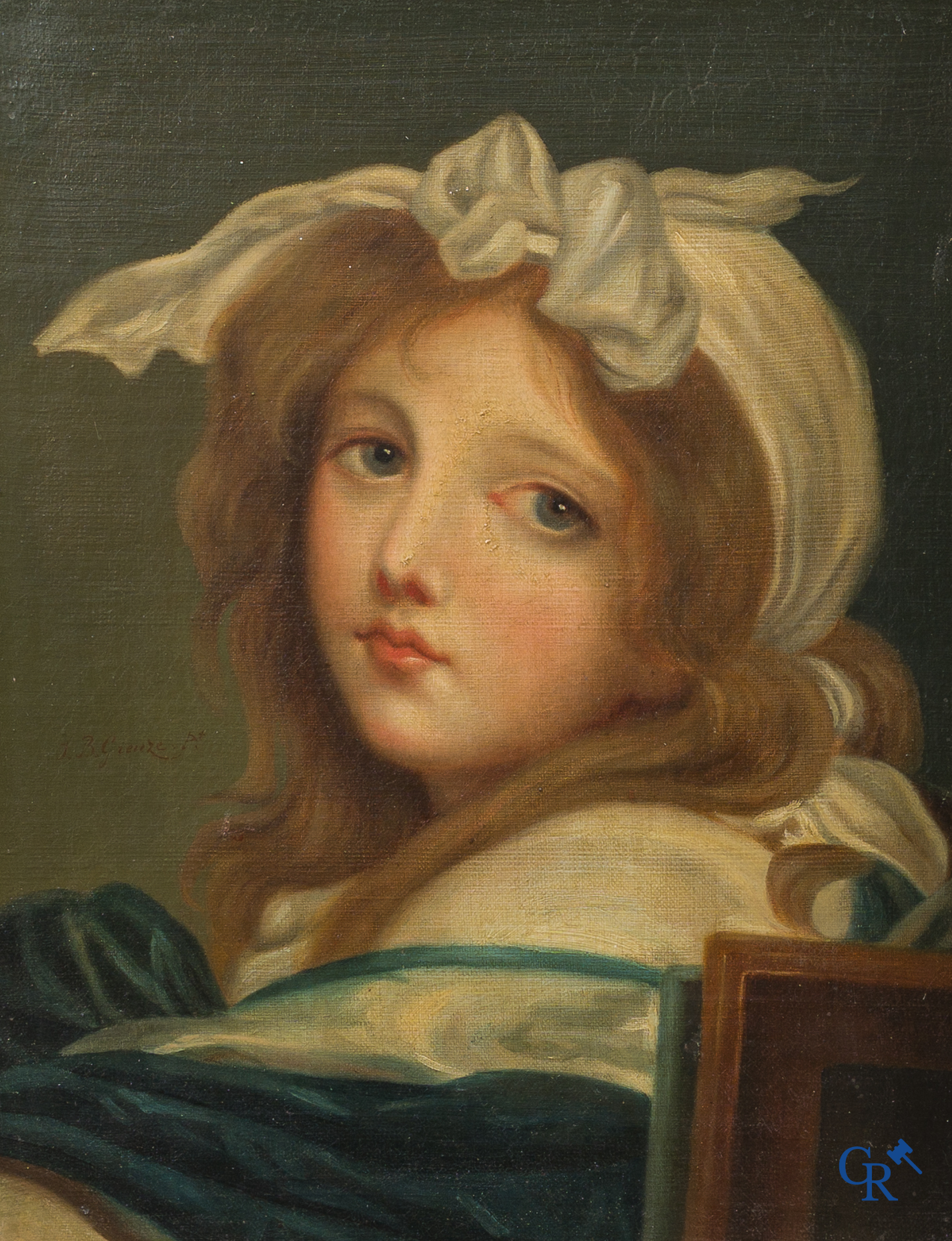 Jean-Baptiste Greuze (1725-1805) (naar) Schilderij, romantisch portret. Mooie vergulde lijst. Olie op doek.