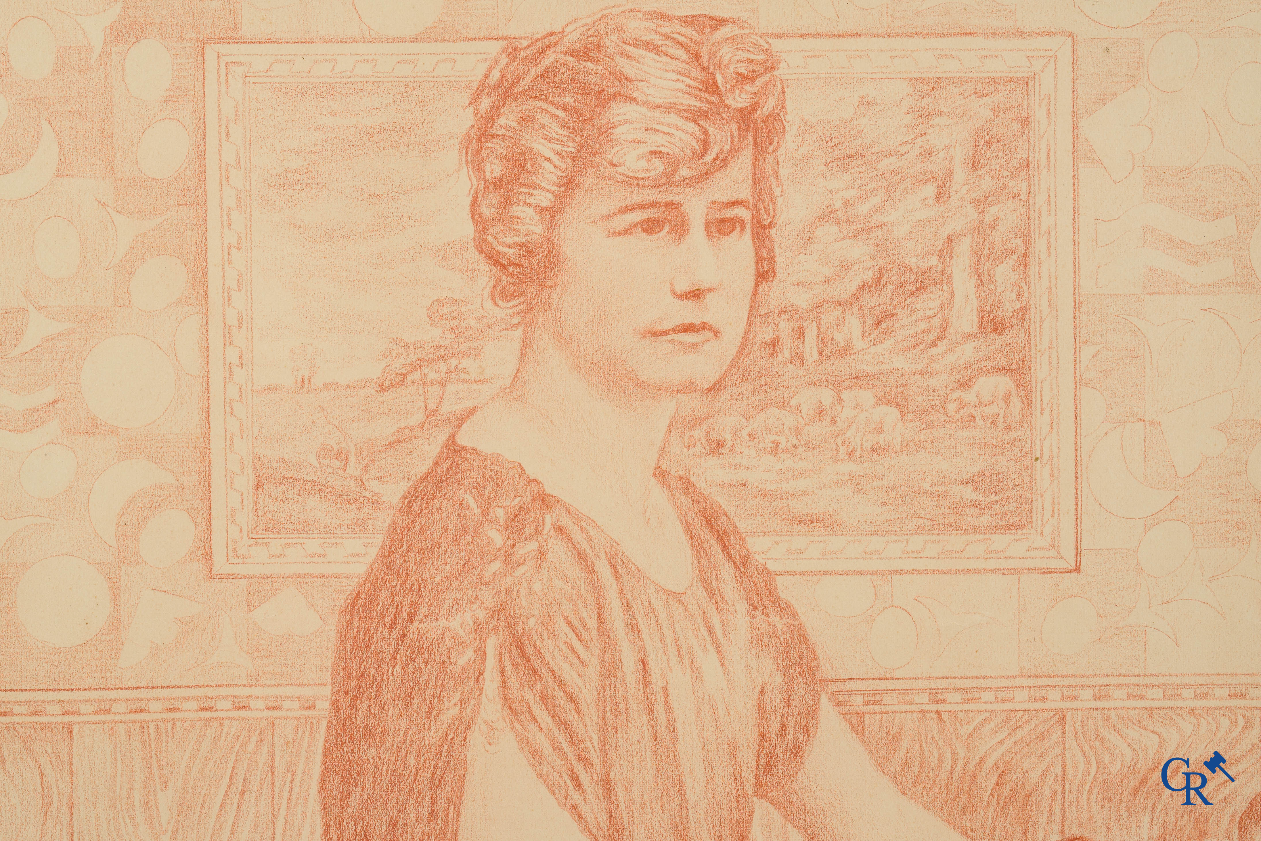 Théo Van Rysselberghe (1862-1926) Portrait of a lady with dogs. Red chalk on paper. Dated 1915.