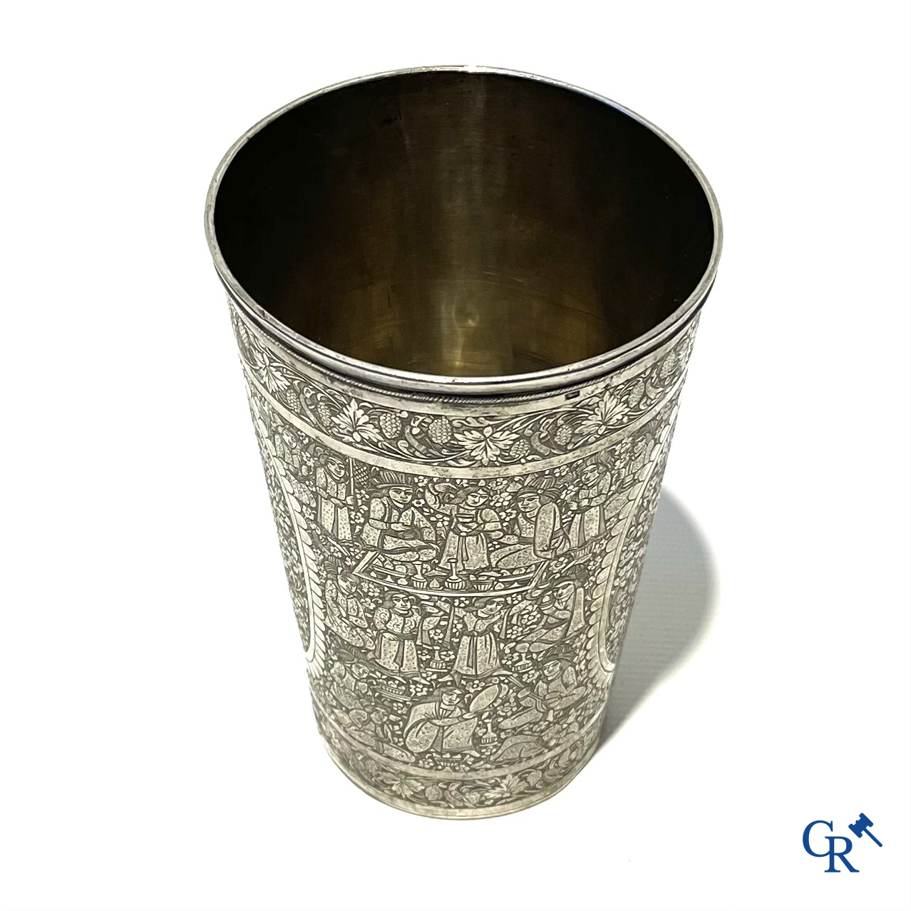 Finely engraved Persian silver cup with a tree of life and scenes from court life. 19th century.