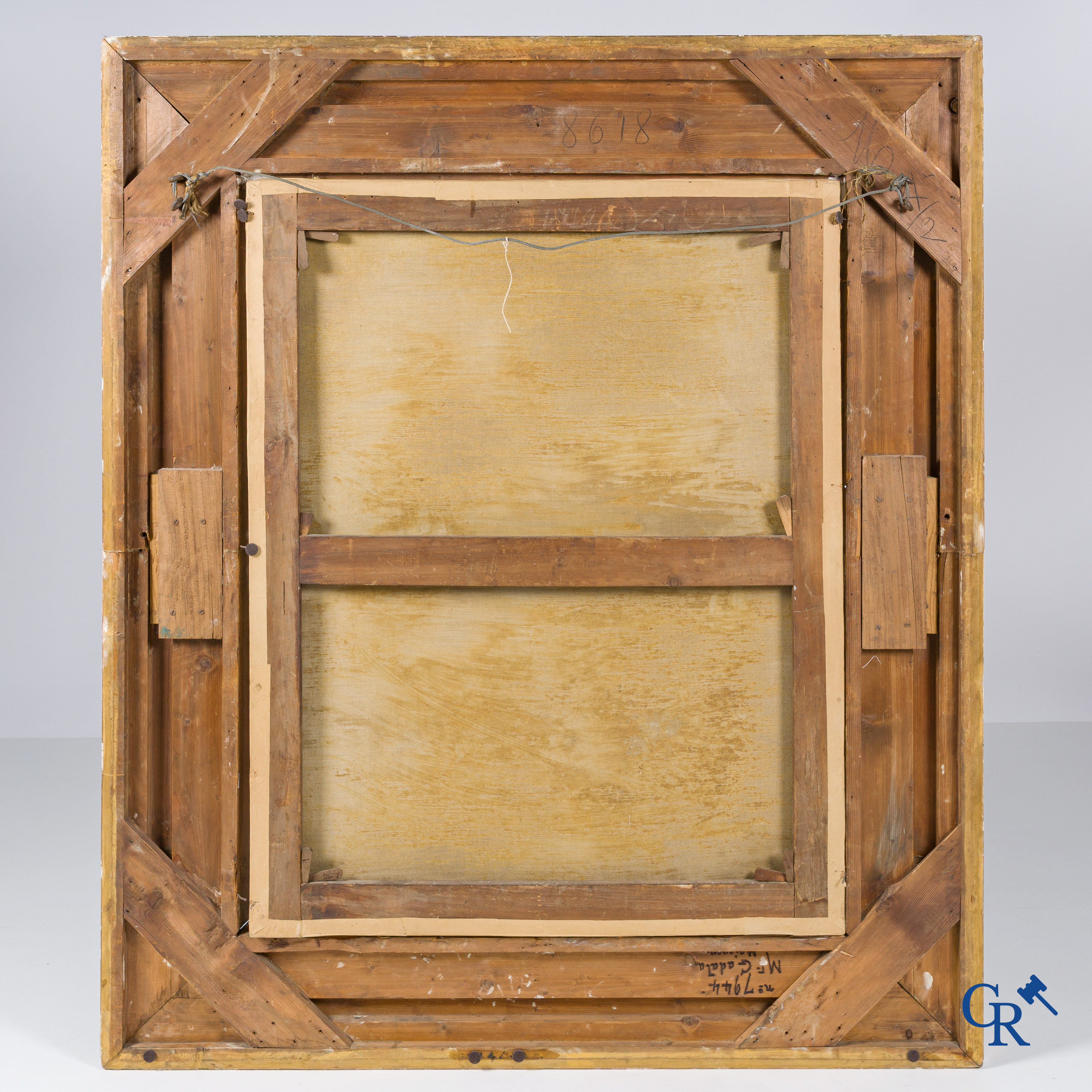 Edmond Dufour. Schilder uit Péronne, Frankrijk. De bedelaars. Schilderij, olie op doek in imposante vergulde lijst.