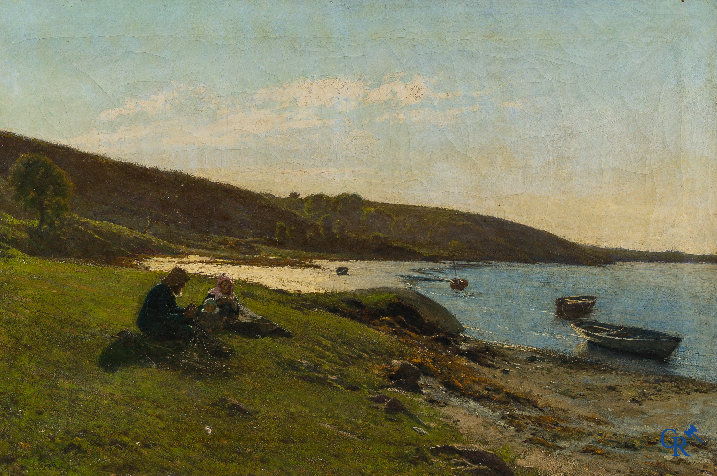 Alfred Edward Emslie (1848-1918) Fishermen's family on the coast, oil on canvas.