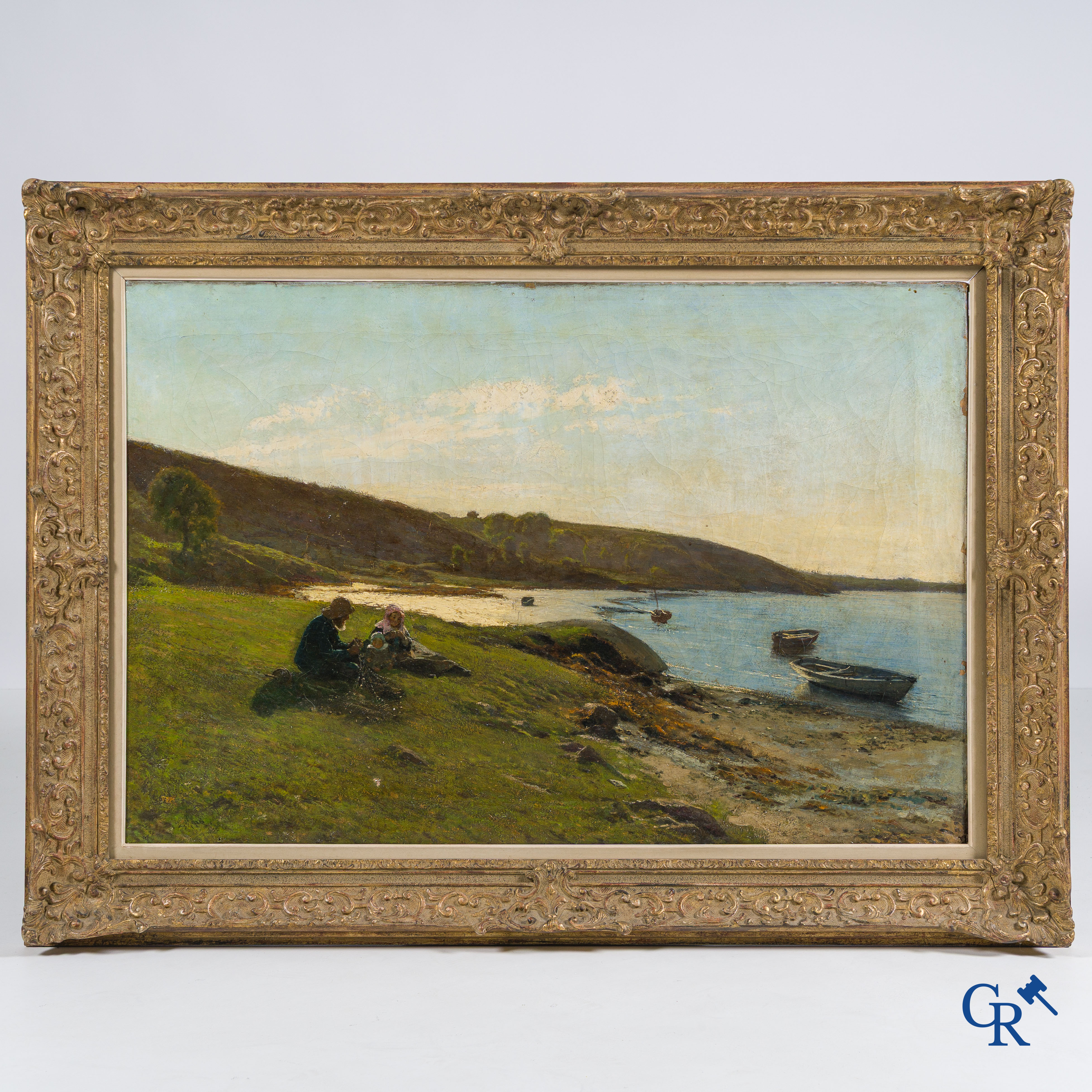 Alfred Edward Emslie (1848-1918) Fishermen's family on the coast, oil on canvas.