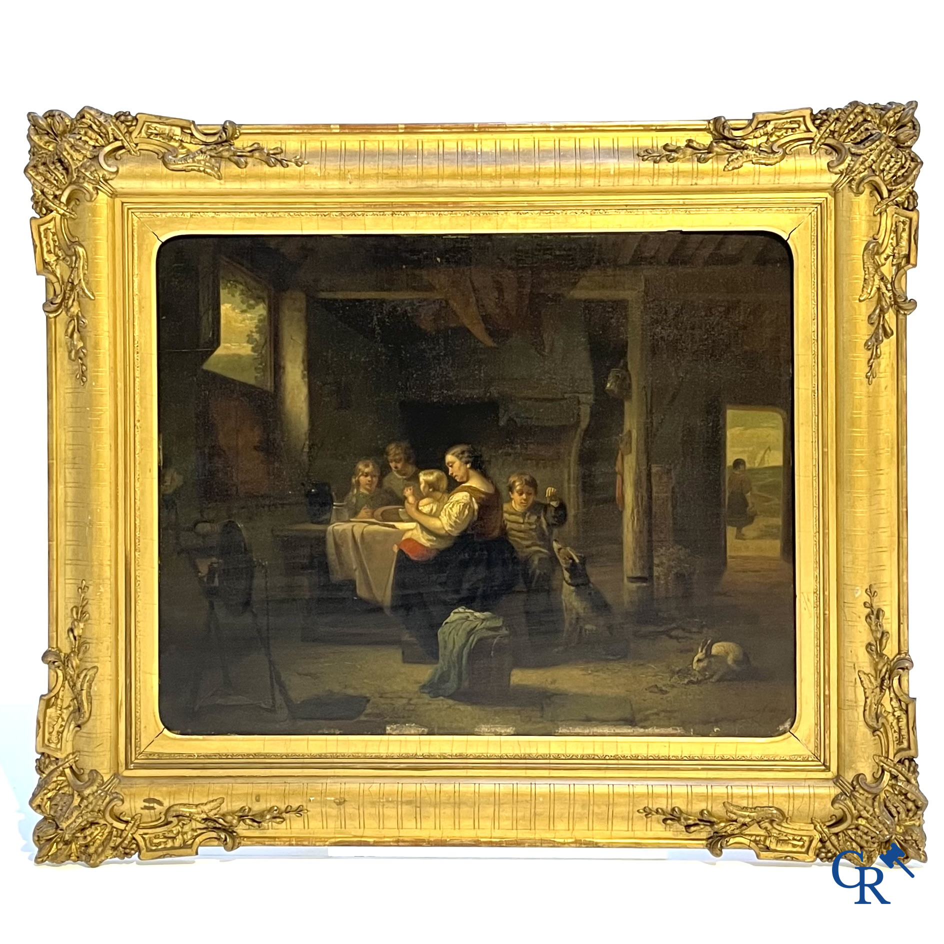 Willem I Linnig (1819-1885) Painting, oil on panel "The young family" Signed and dated 1855.