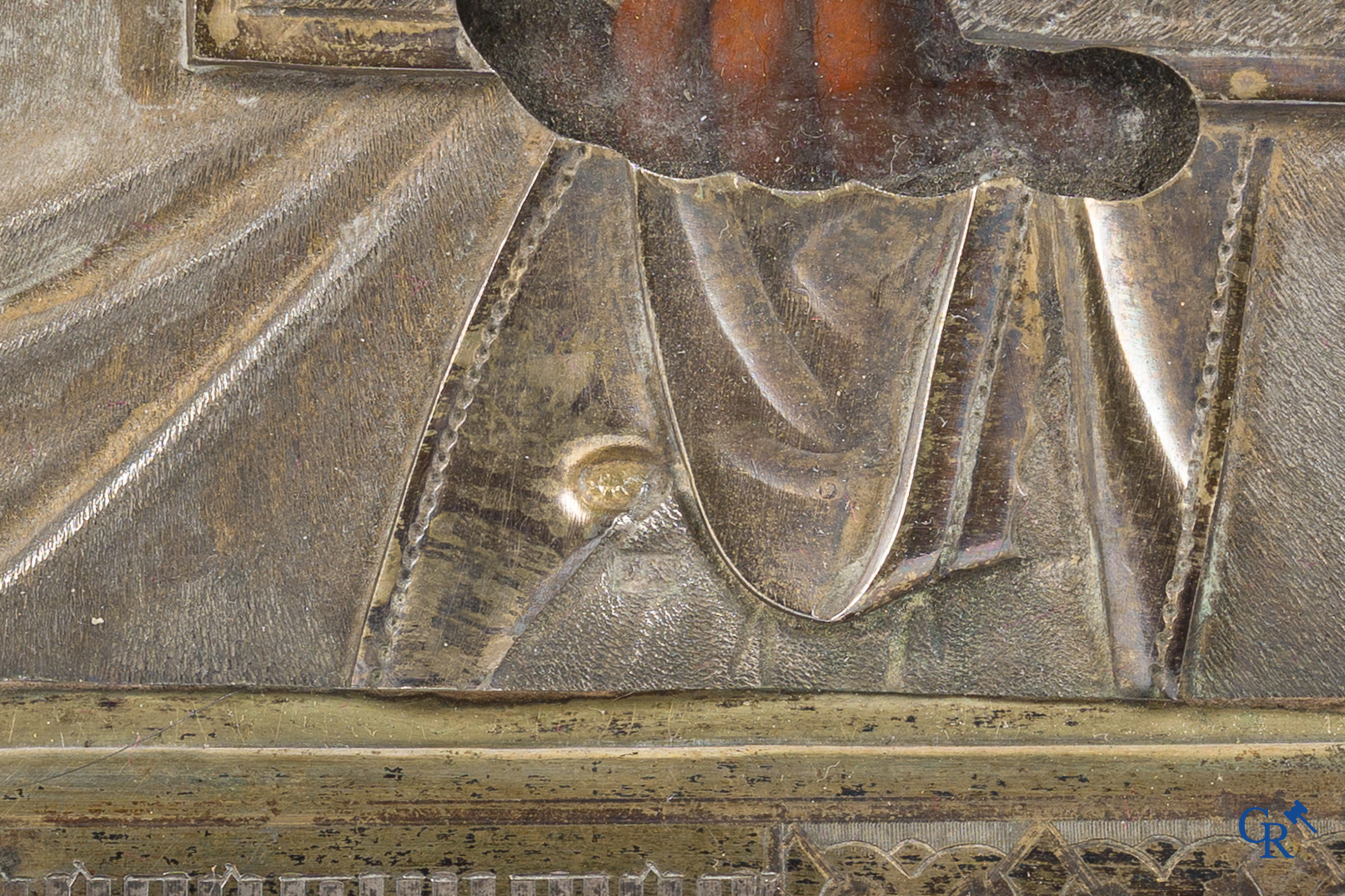 Religieuze objecten. Christus Pantokrator. Russische icoon met zilver oklad en cloisonné emaille. 19e eeuw.