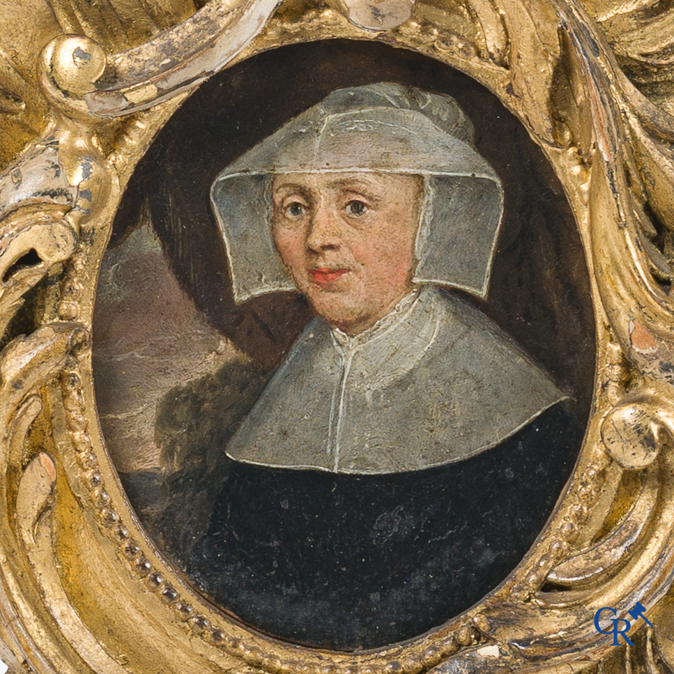 Miniature portrait of a lady in traditional dress with white hood. Oil on copper. 18th-19th century.