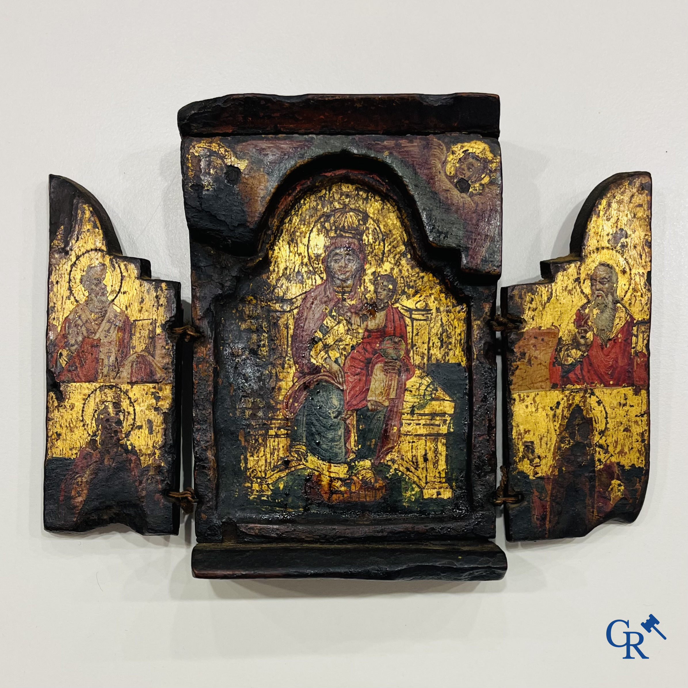 Greek Orthodox triptych icon, the Holy Mother of God with the Christ Child. Tempera on panel. 17th-18th century.