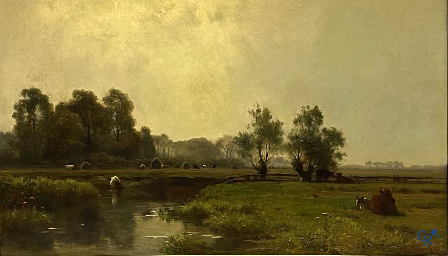 Edmond de Schampheleer (1824-1899) Schilderij, olie op doek. Landschap met koeien langs een rivier.