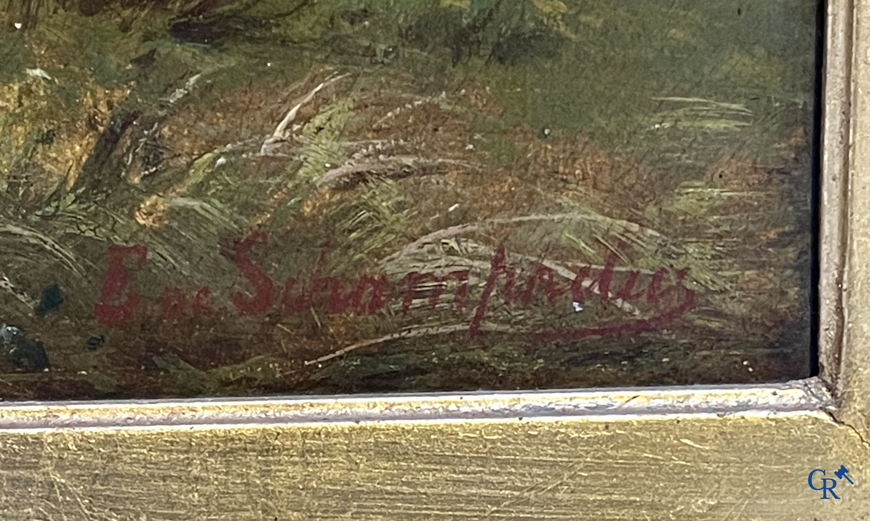 Edmond de Schampheleer (1824-1899) Schilderij, olie op doek. Landschap met koeien langs een rivier.