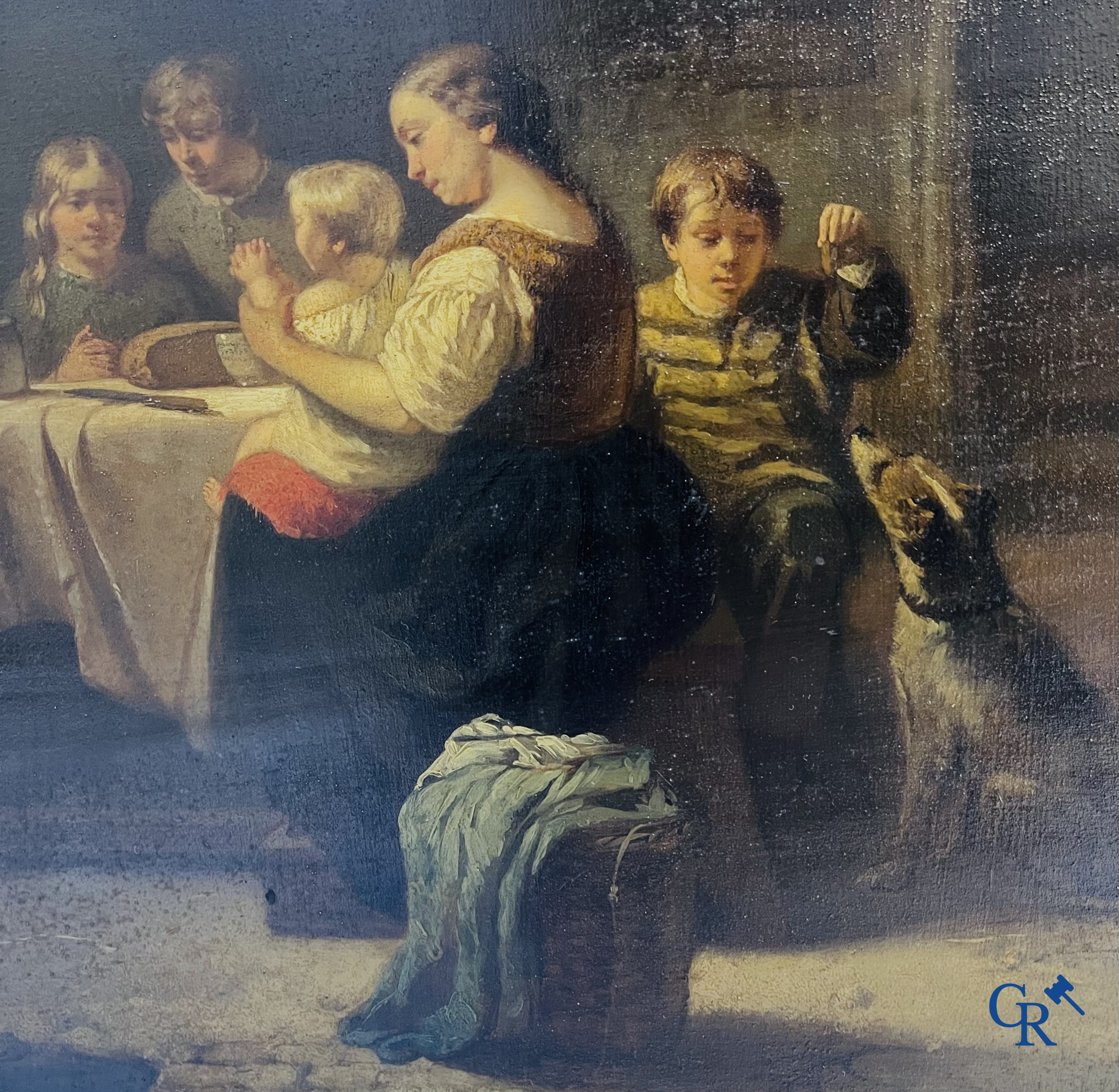 Willem I Linnig (1819-1885) Painting, oil on panel "The young family" Signed and dated 1855.