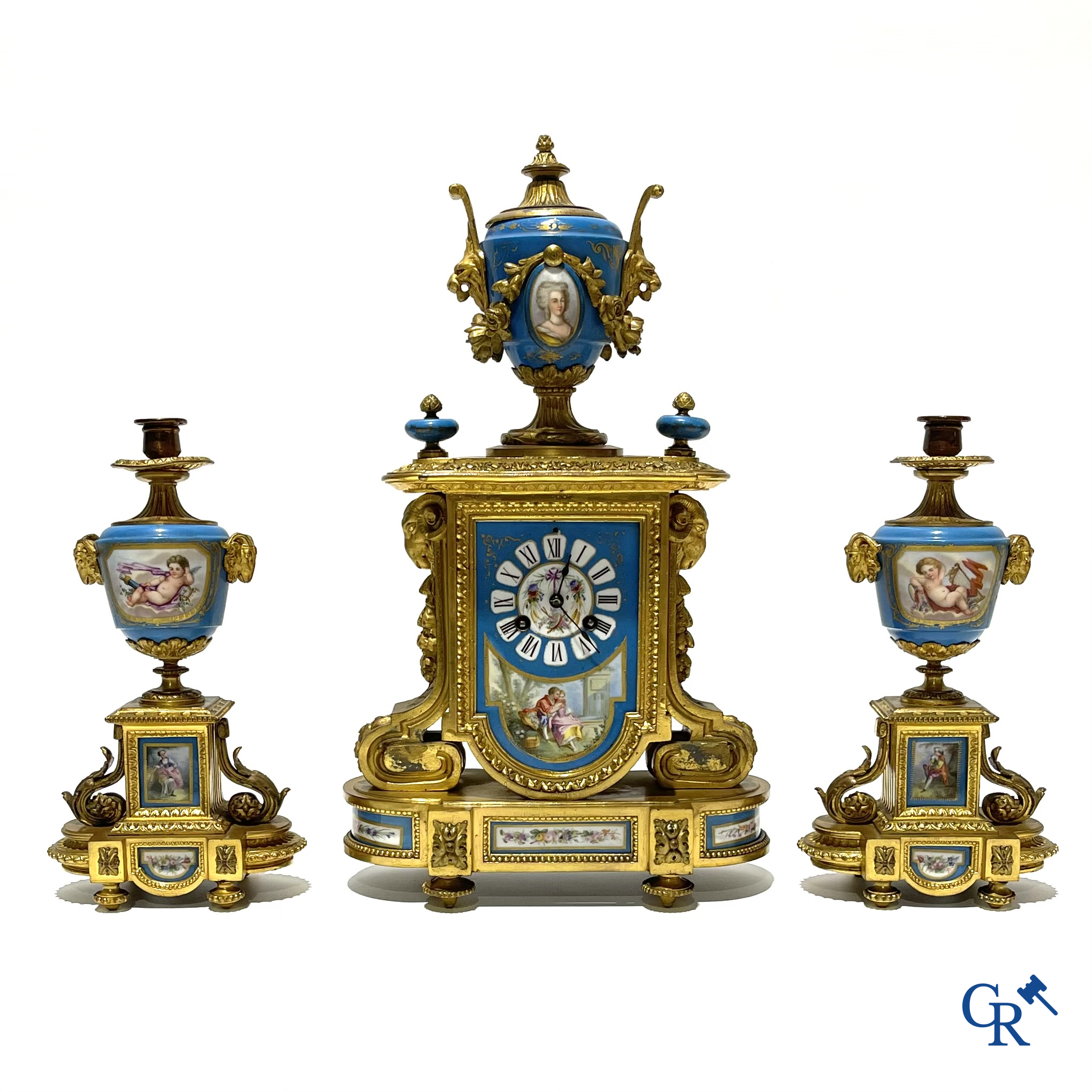 A 3-piece chimney clockset with Sèvres porcelain. LXVI style, circa 1920.