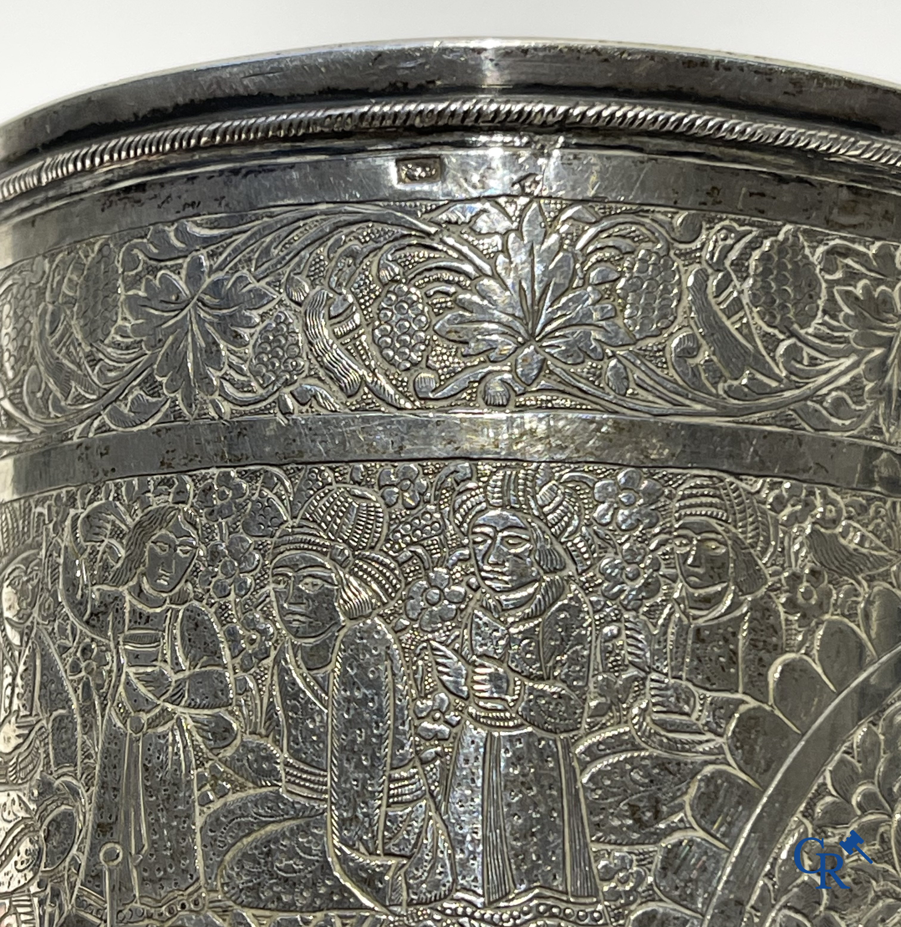 Finely engraved Persian silver cup with a tree of life and scenes from court life. 19th century.