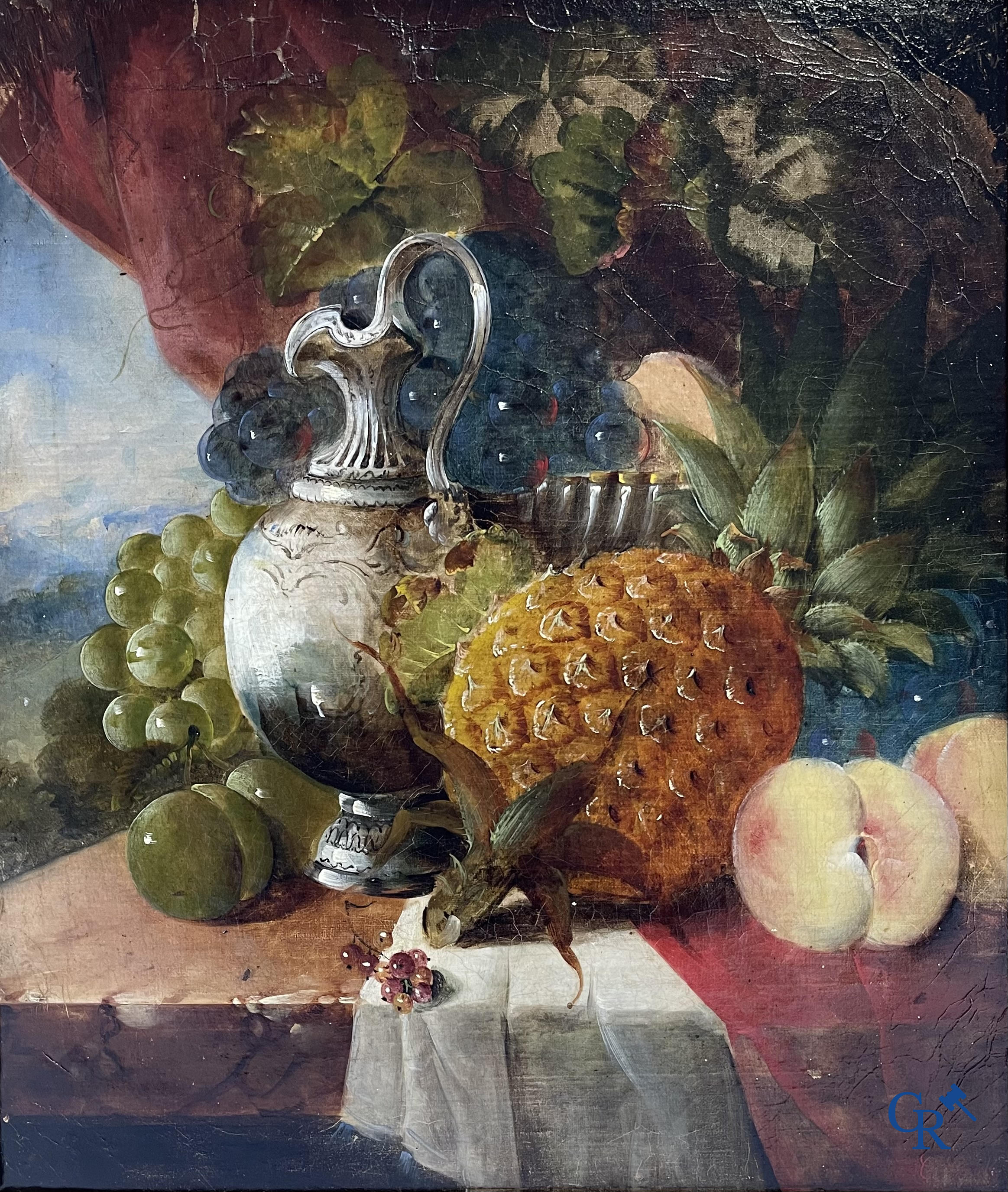 Schilderij. Stilleven met fruit en een kruik. Olie op doek. Onleesbaar gesigneerd. 19e eeuw.