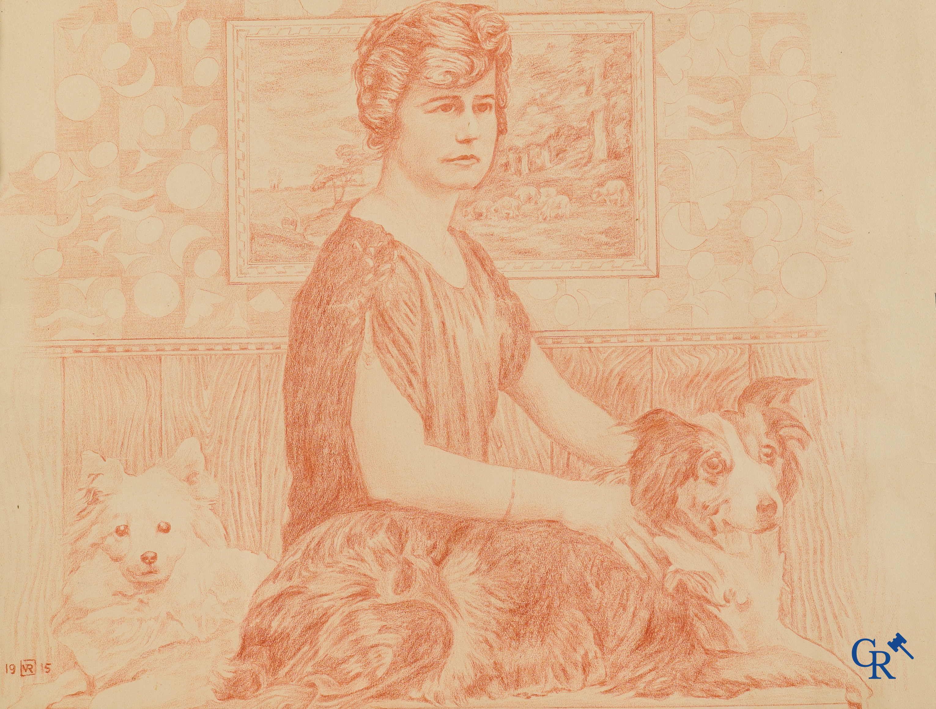 Théo Van Rysselberghe (1862-1926) Portrait of a lady with dogs. Red chalk on paper. Dated 1915.