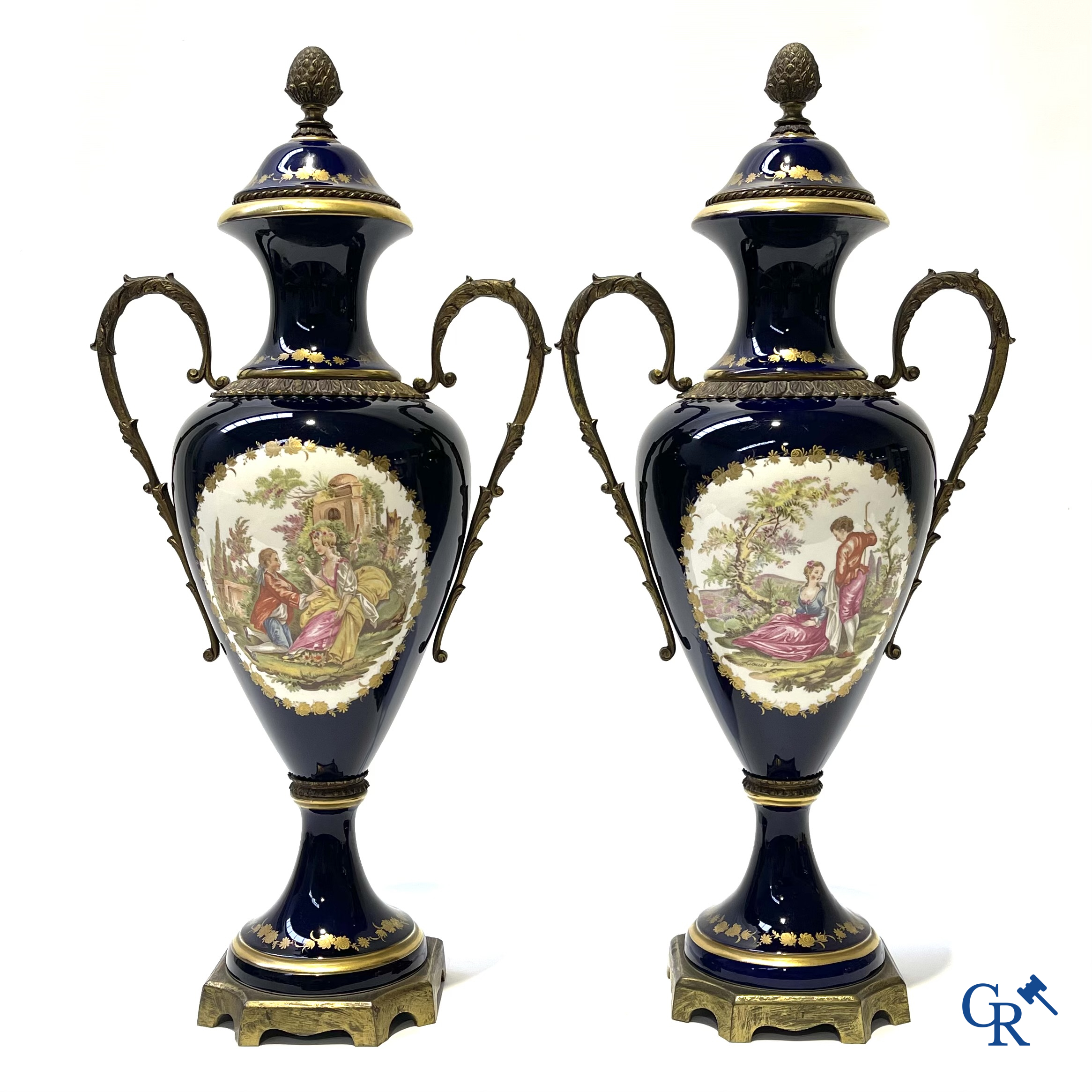 Pair of large vases in porcelain and bronze with romantic scenes. Sèvres style. 20th century.