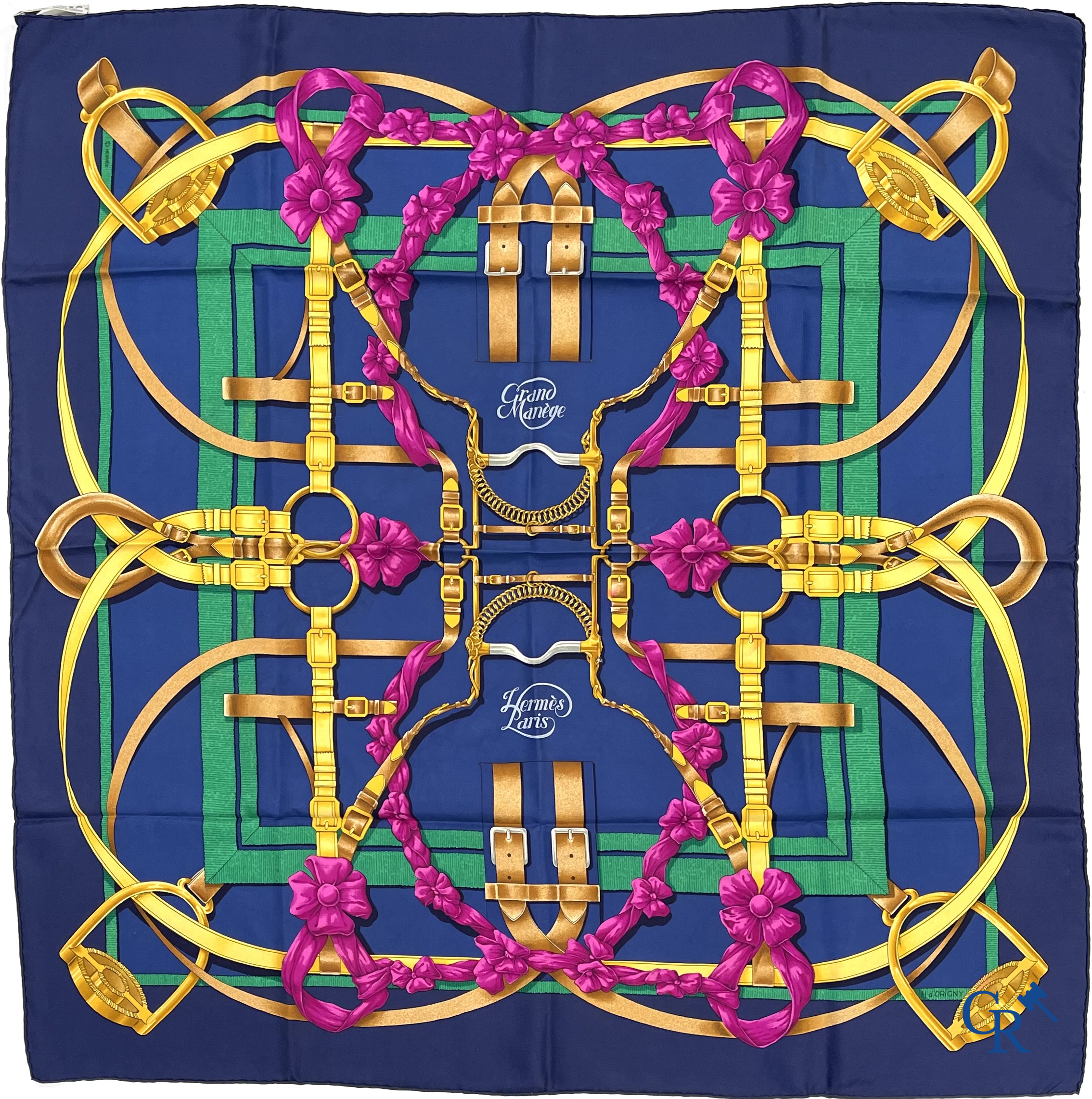 HERMES Paris. 2 Hermès sjaals in originele doos. Grand Manège, Henri d'Origny en Axis Mundi, Christine Henry.