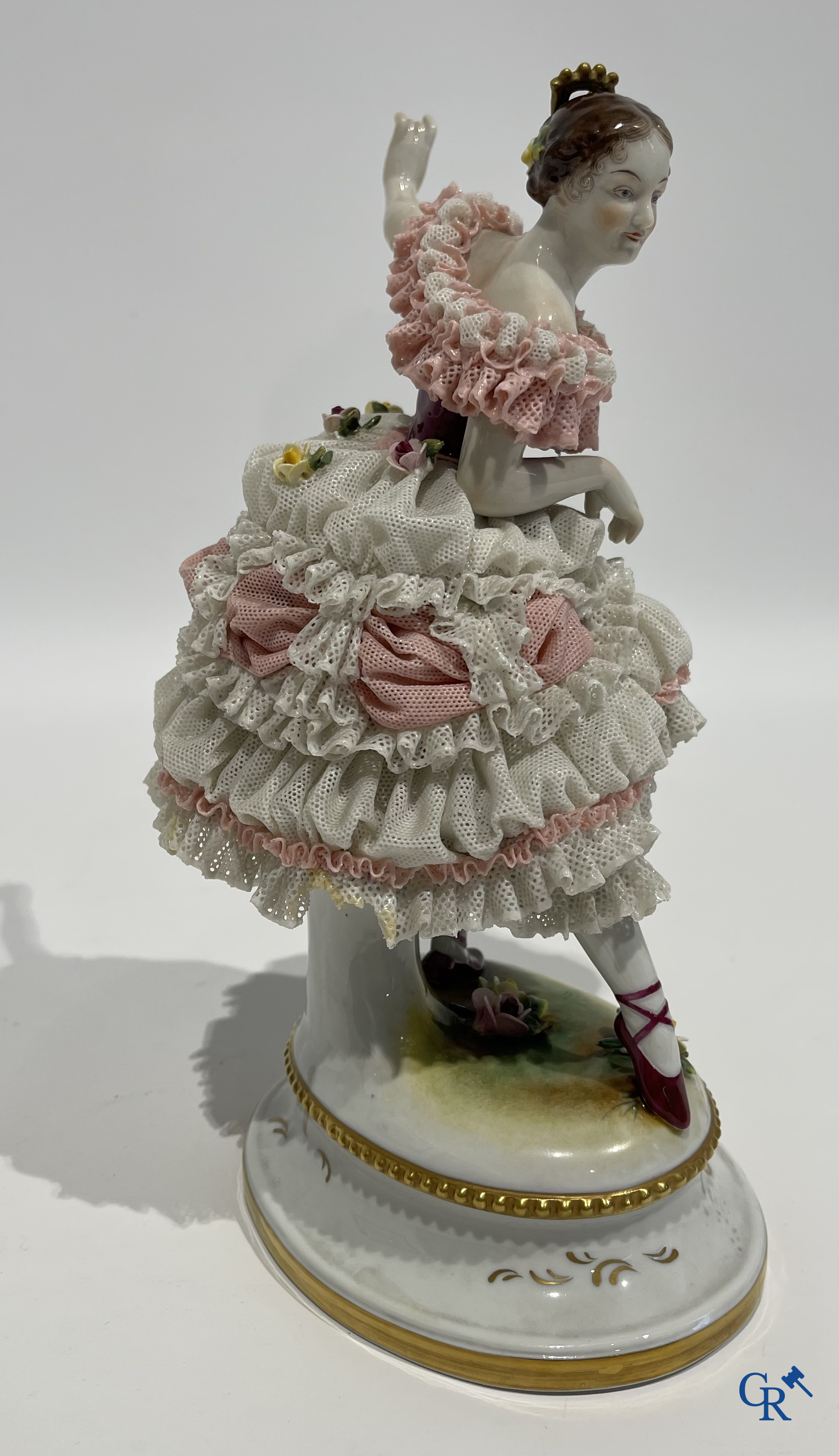 German porcelain. 3 groups in lace porcelain. Marked Volkstedt Rudolstadt and Sitzendorf.