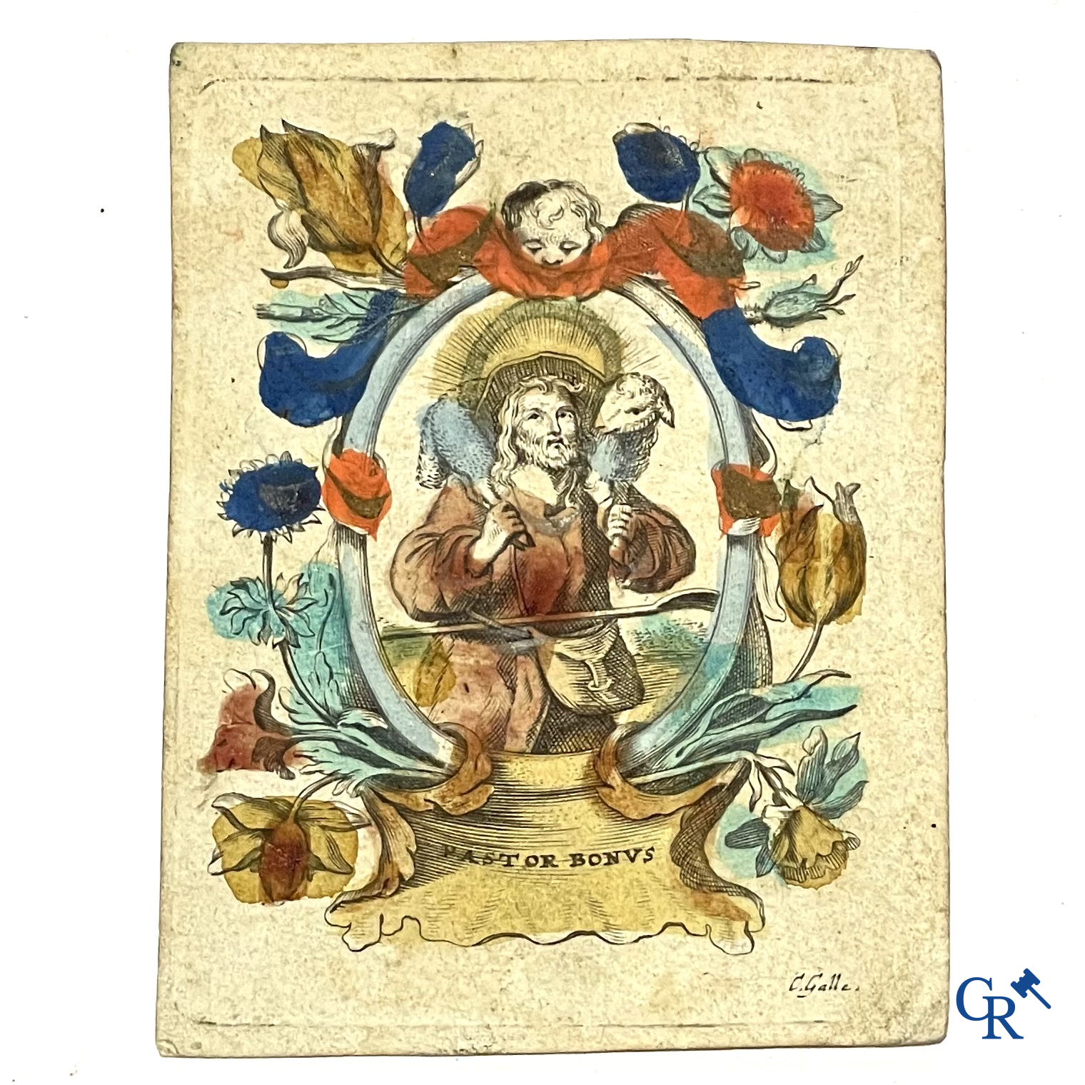 Religieuze objecten. 5 devotie prenten. Kopergravure op vergé papier en velijn aangevuld met kleur. 18e eeuw.