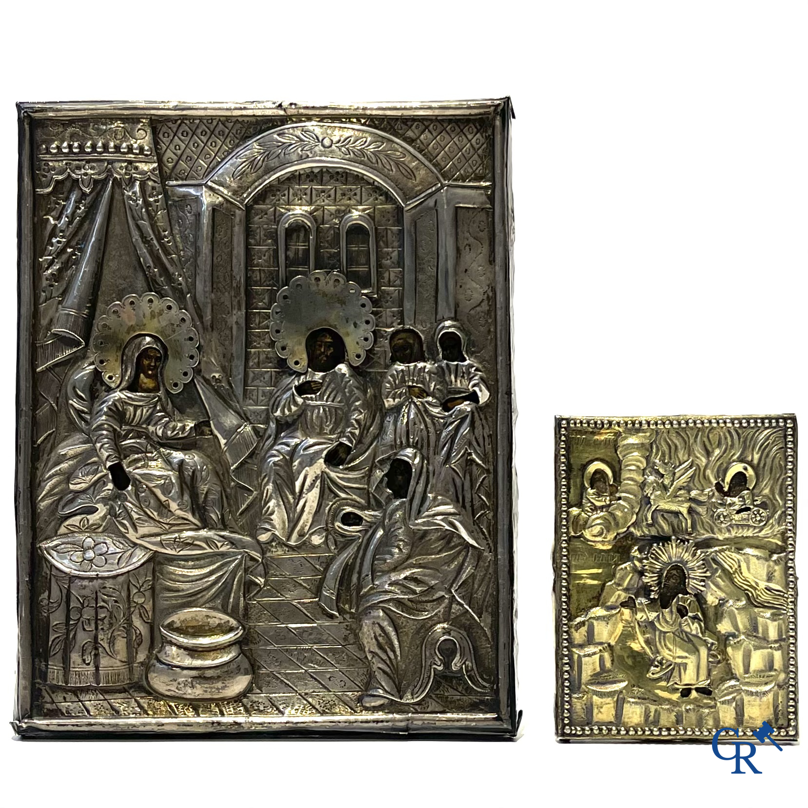 Russian work. 2 icons with silver oklad. Smallest icon dated 1823 and silver grade 875°/00, 84 zolotniks.