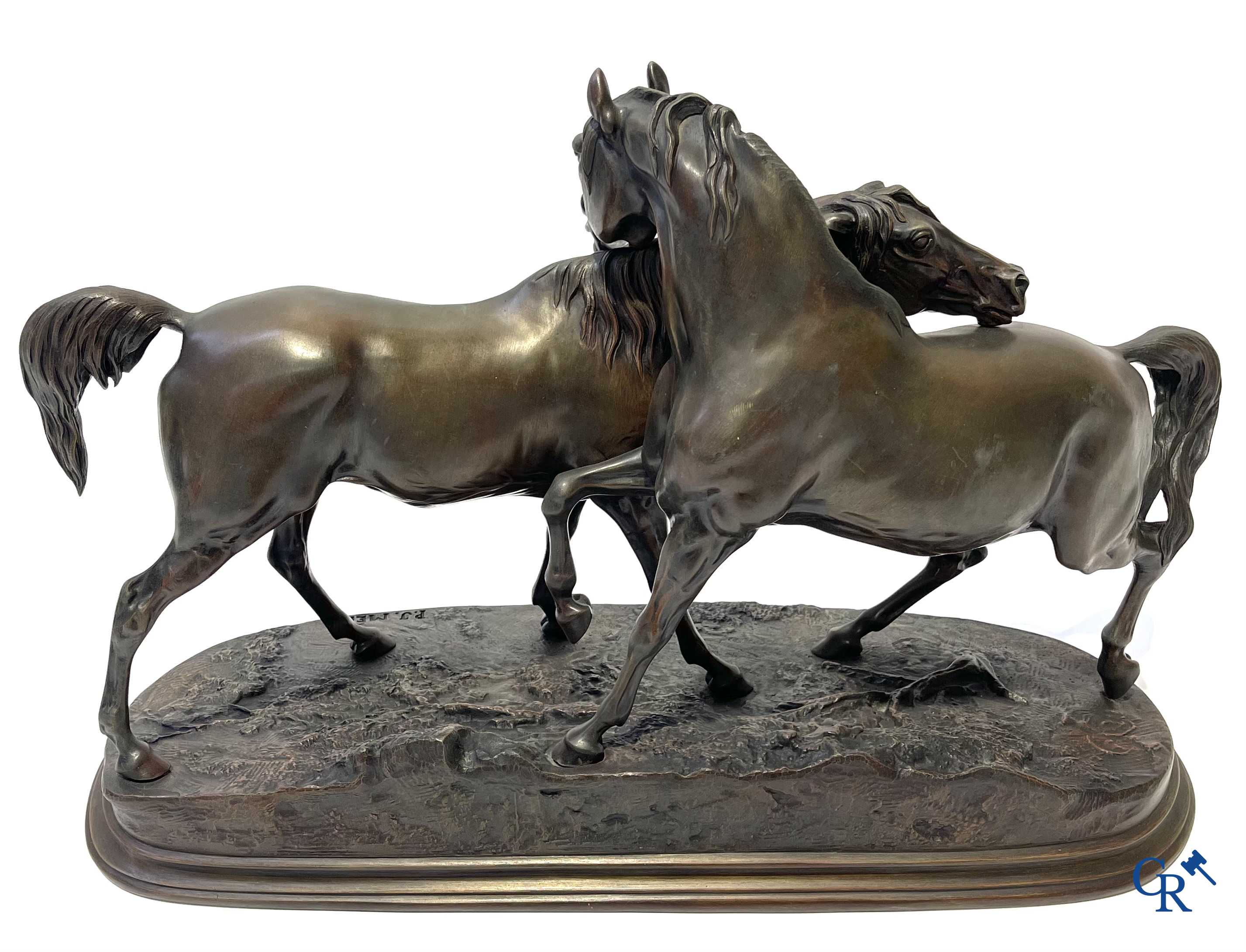 Pierre-Jules Mène (1810-1879) (Naar). L'Accolade, groep met Arabische paarden. Gesigneerd.