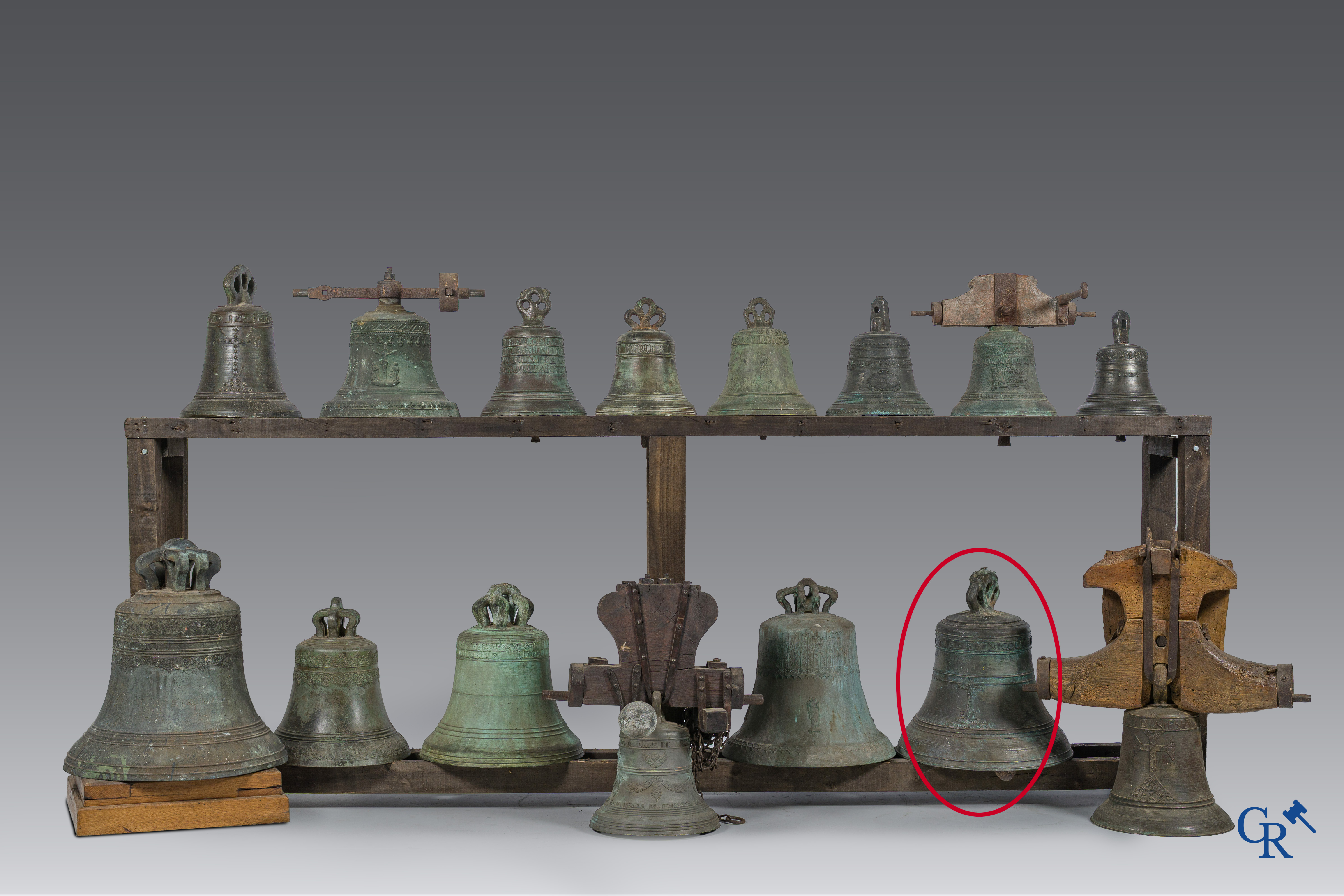 Religious objects. Large antique church crown clock or bell in bronze with inscription band. Dated 1650.