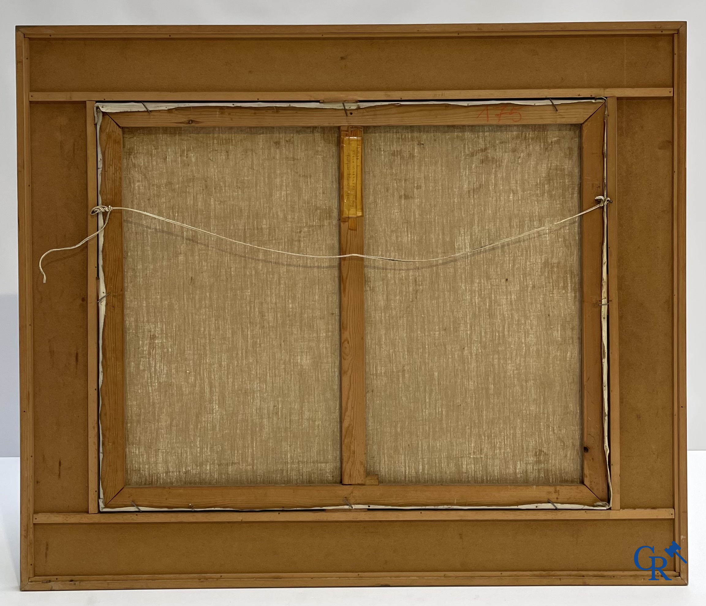 Meisje met rode hoed en hond. Schilderij, olie op doek. Onleesbaar gesigneerd en gedateerd.