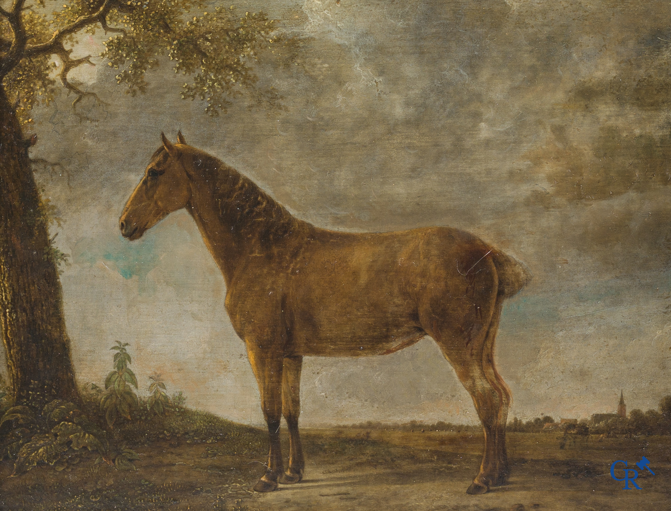 Schilderij, olie op paneel, paard in een weide. 19e eeuw.