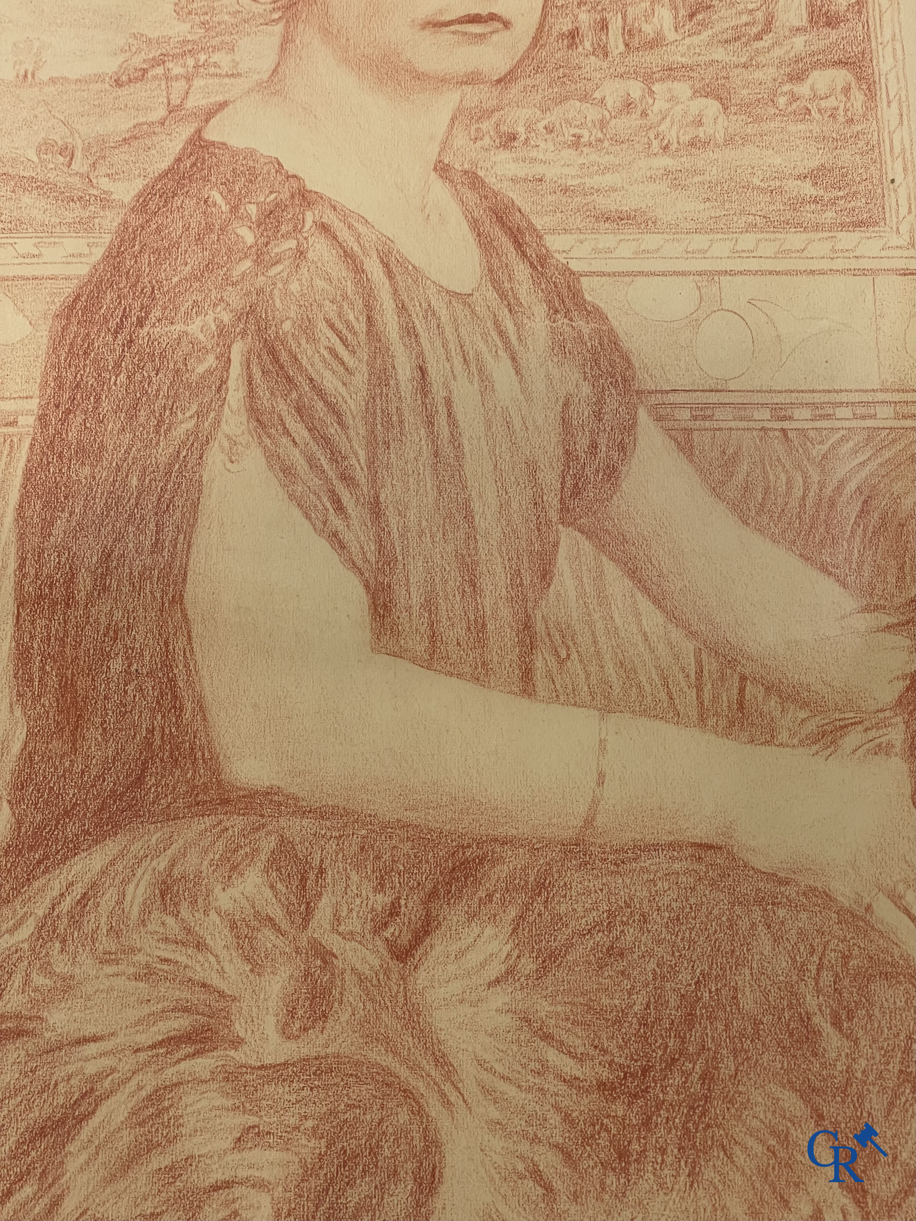 Théo Van Rysselberghe (1862-1926) Portrait of a lady with dogs. Red chalk on paper. Dated 1915.
