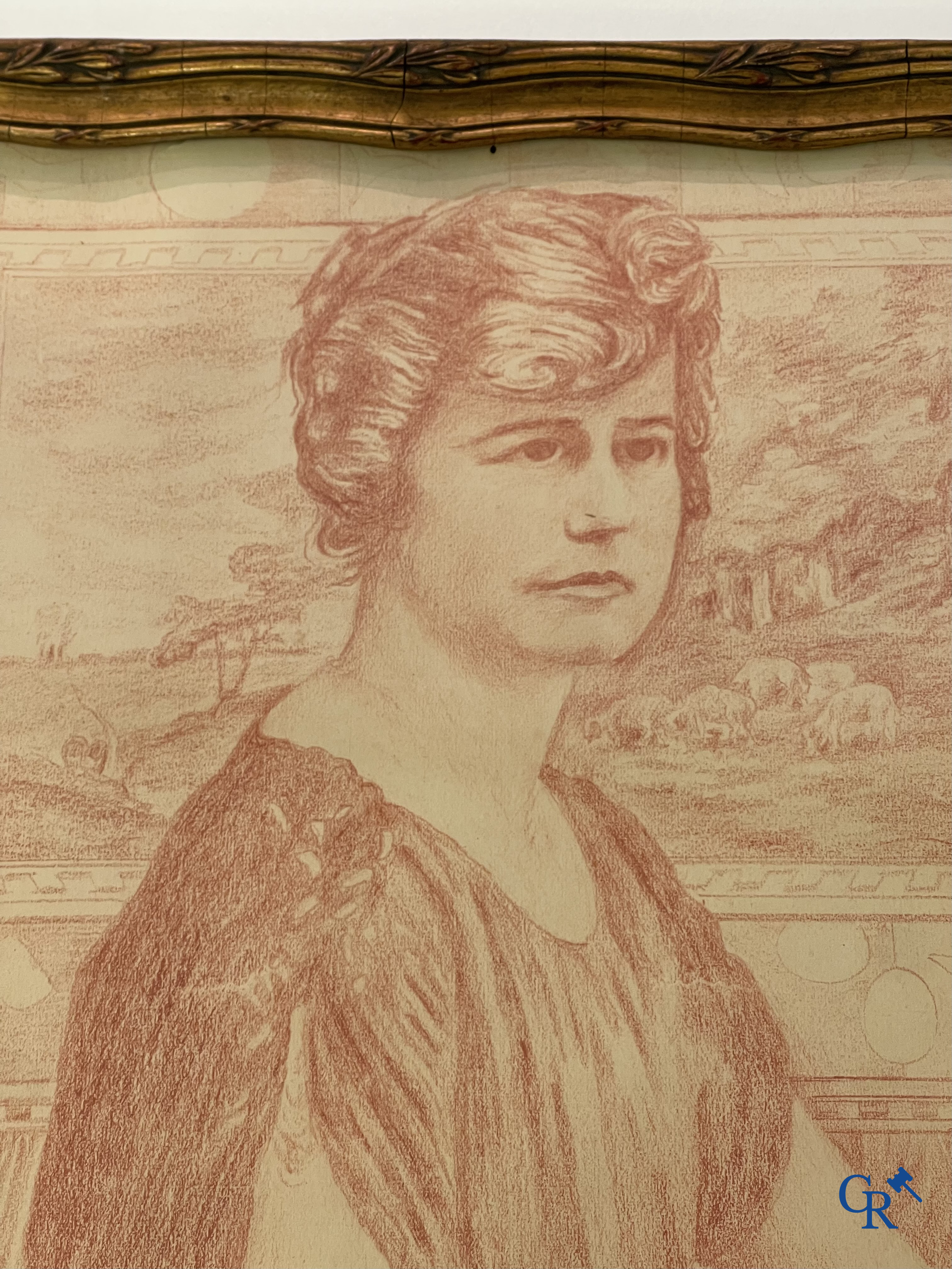 Théo Van Rysselberghe (1862-1926) Portrait of a lady with dogs. Red chalk on paper. Dated 1915.