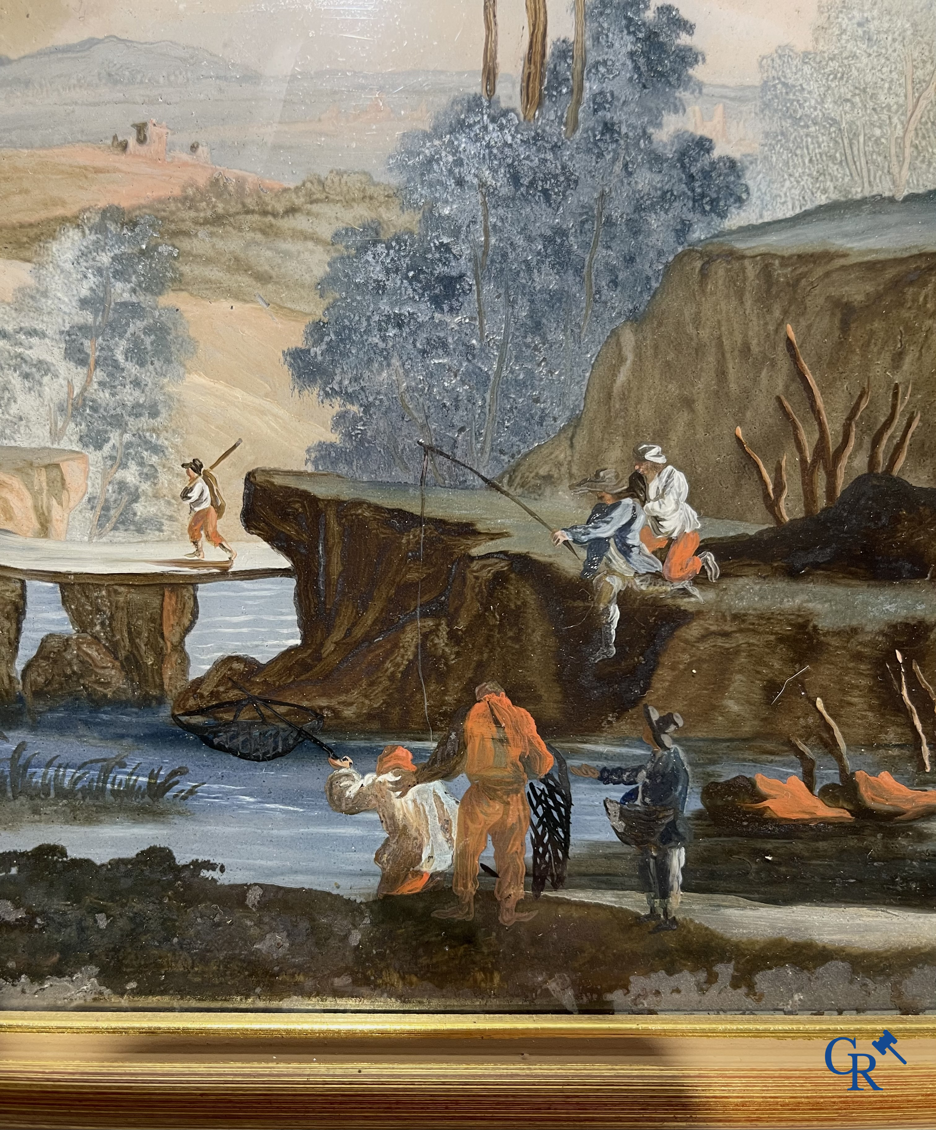 Achterglasschildering of Verre églomisé, Italiaans landschap met een rivier. Italiaanse of Franse school circa 1800.