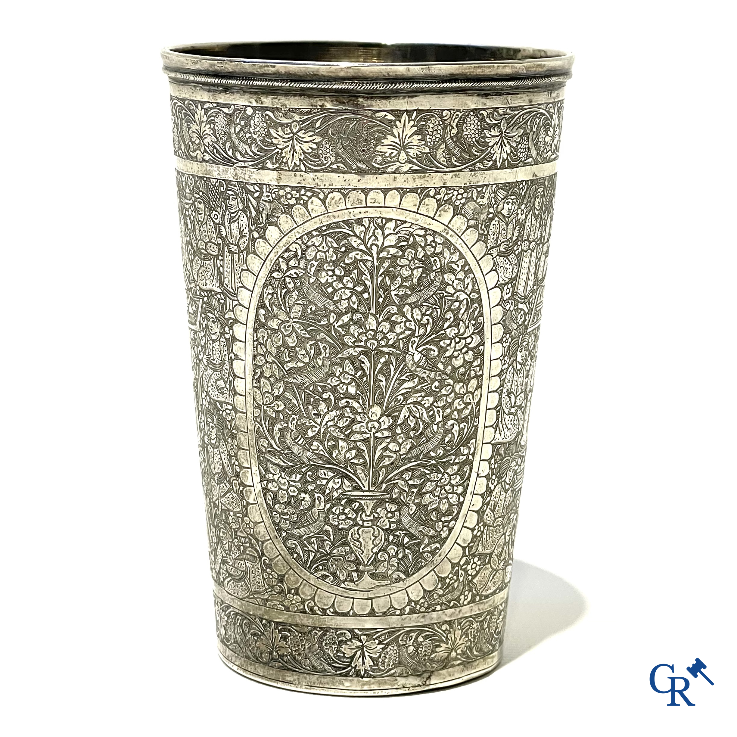 Finely engraved Persian silver cup with a tree of life and scenes from court life. 19th century.