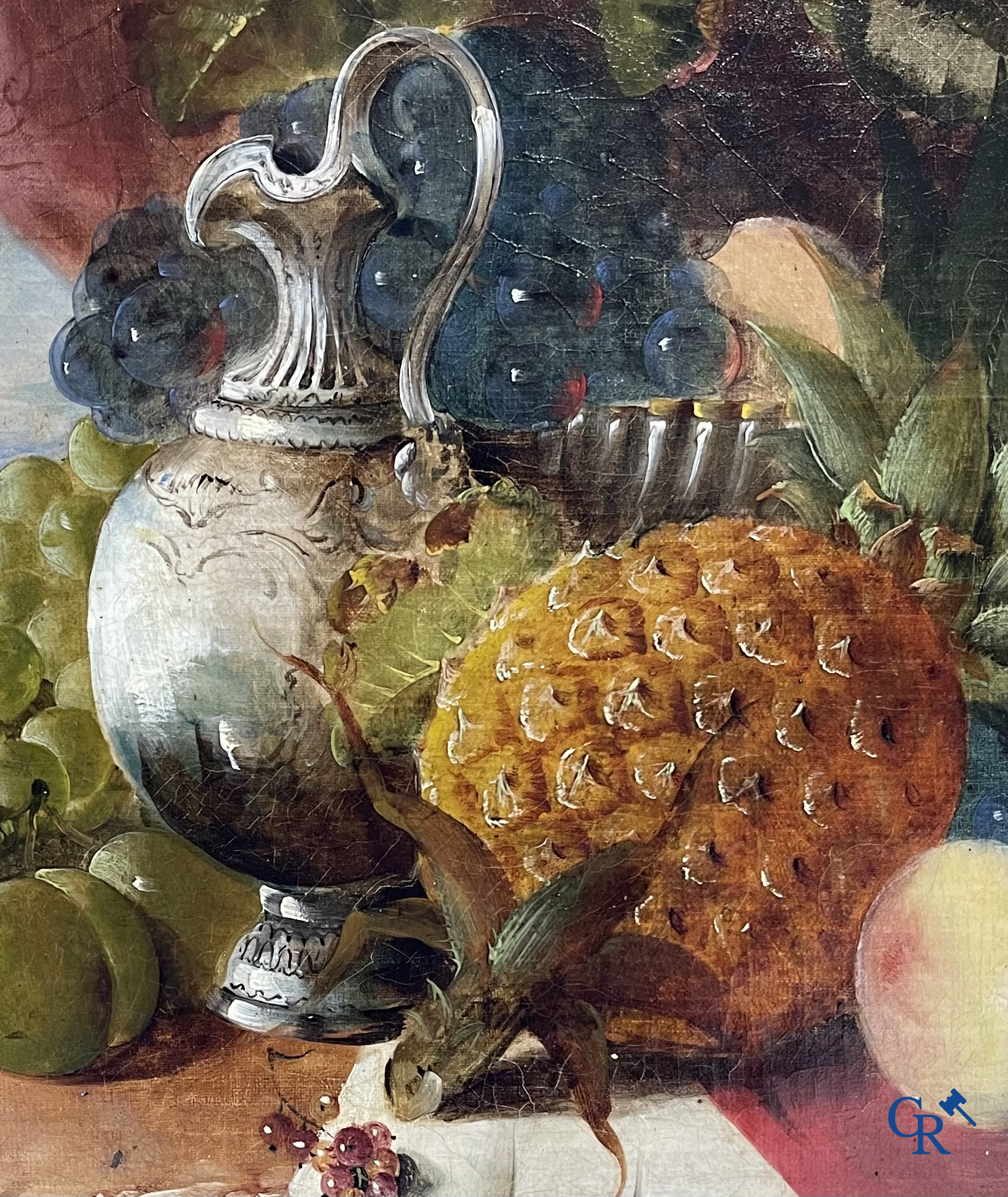 Schilderij. Stilleven met fruit en een kruik. Olie op doek. Onleesbaar gesigneerd. 19e eeuw.