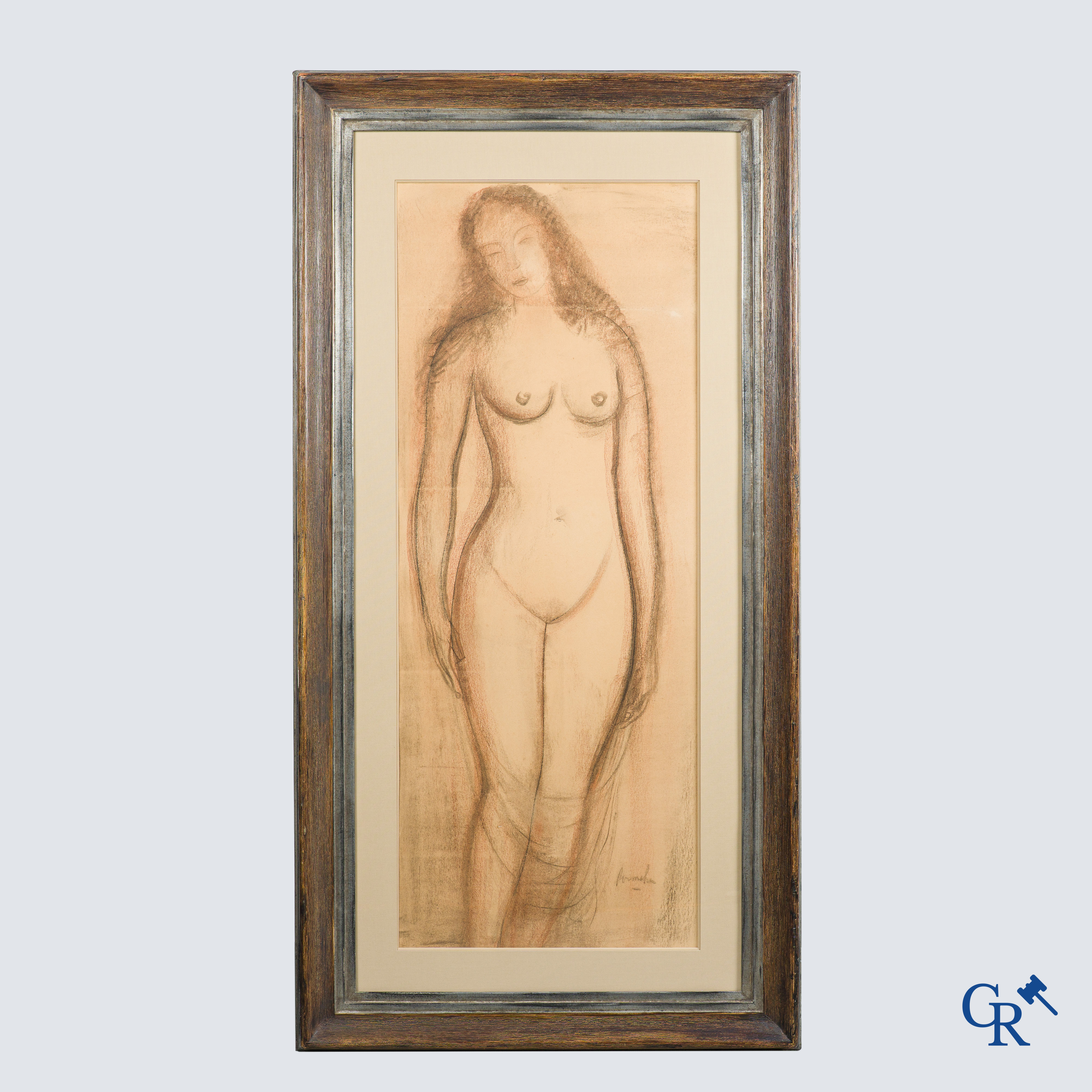 Constant Permeke (1886-1952) Standing naked. Charcoal on paper. Signed lower right.