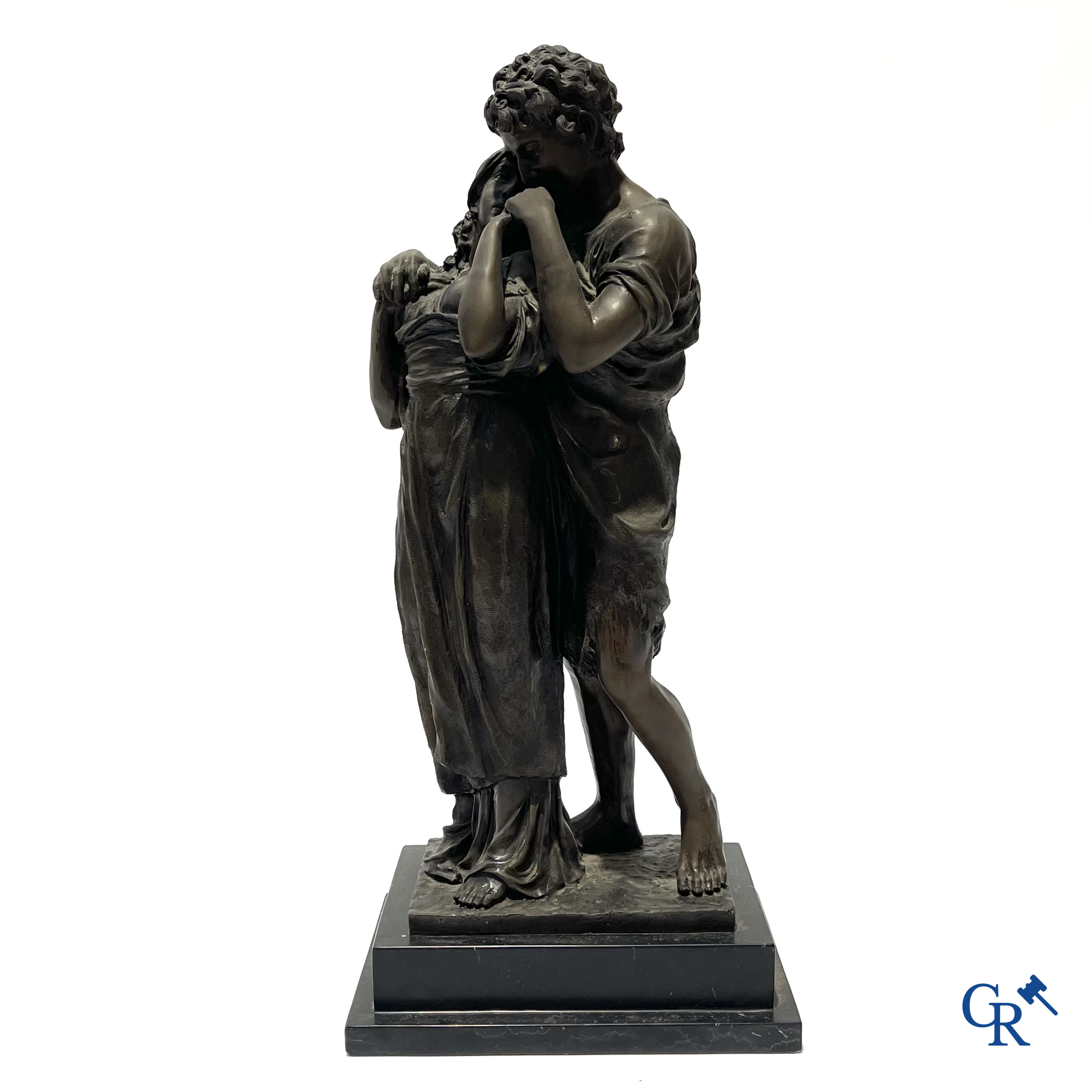 Large bronze statue on marble pedestal. Romantic couple. Bronze guaranteed. JB Paris. Posthumously.