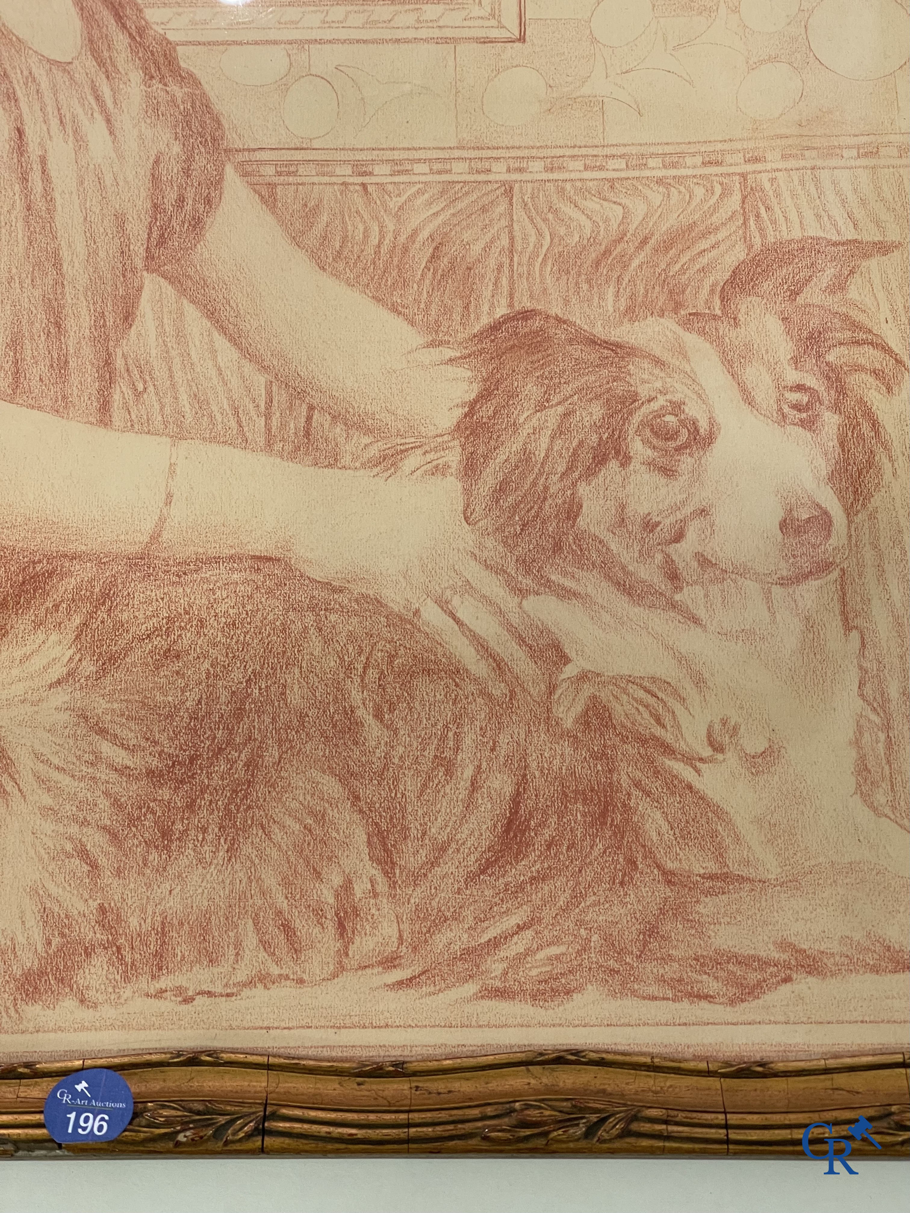 Théo Van Rysselberghe (1862-1926) Portrait of a lady with dogs. Red chalk on paper. Dated 1915.