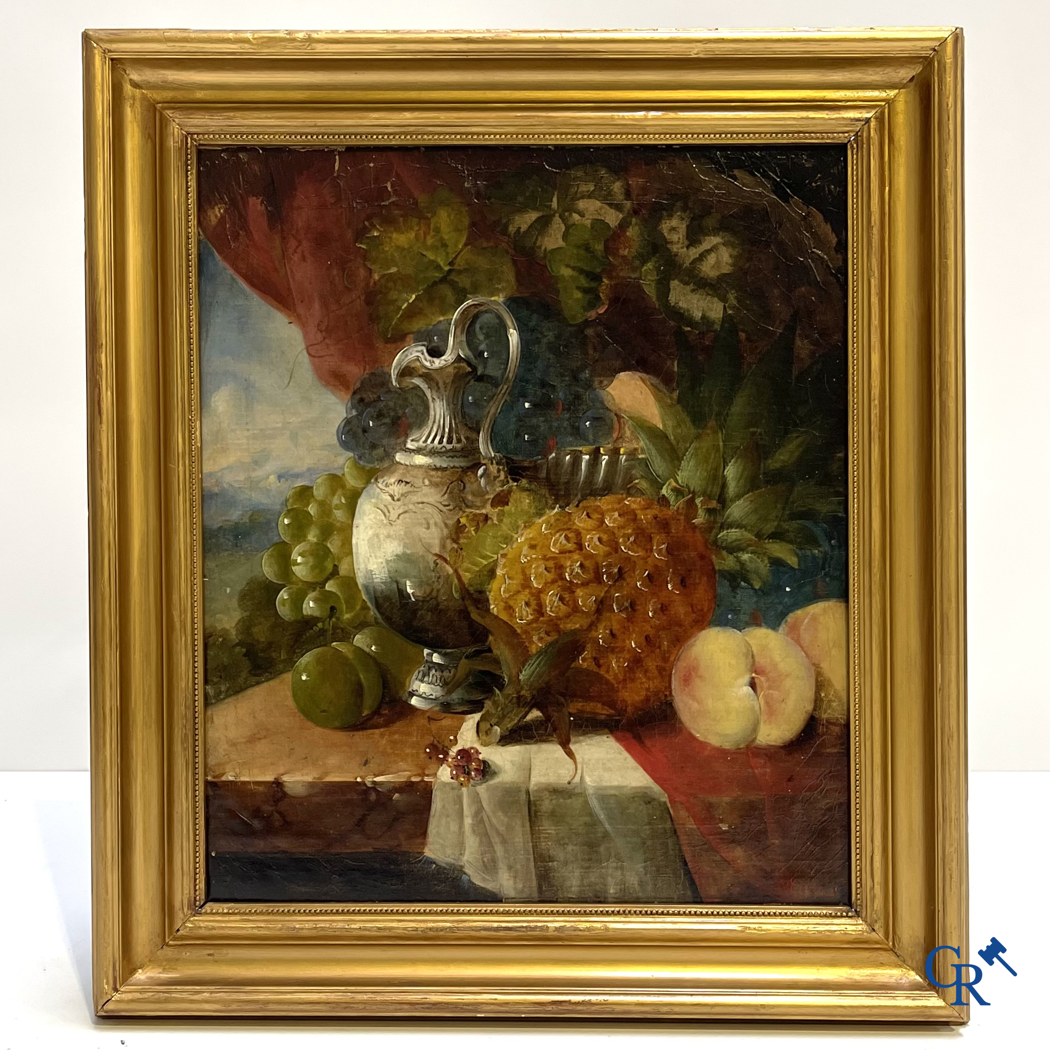 Schilderij. Stilleven met fruit en een kruik. Olie op doek. Onleesbaar gesigneerd. 19e eeuw.