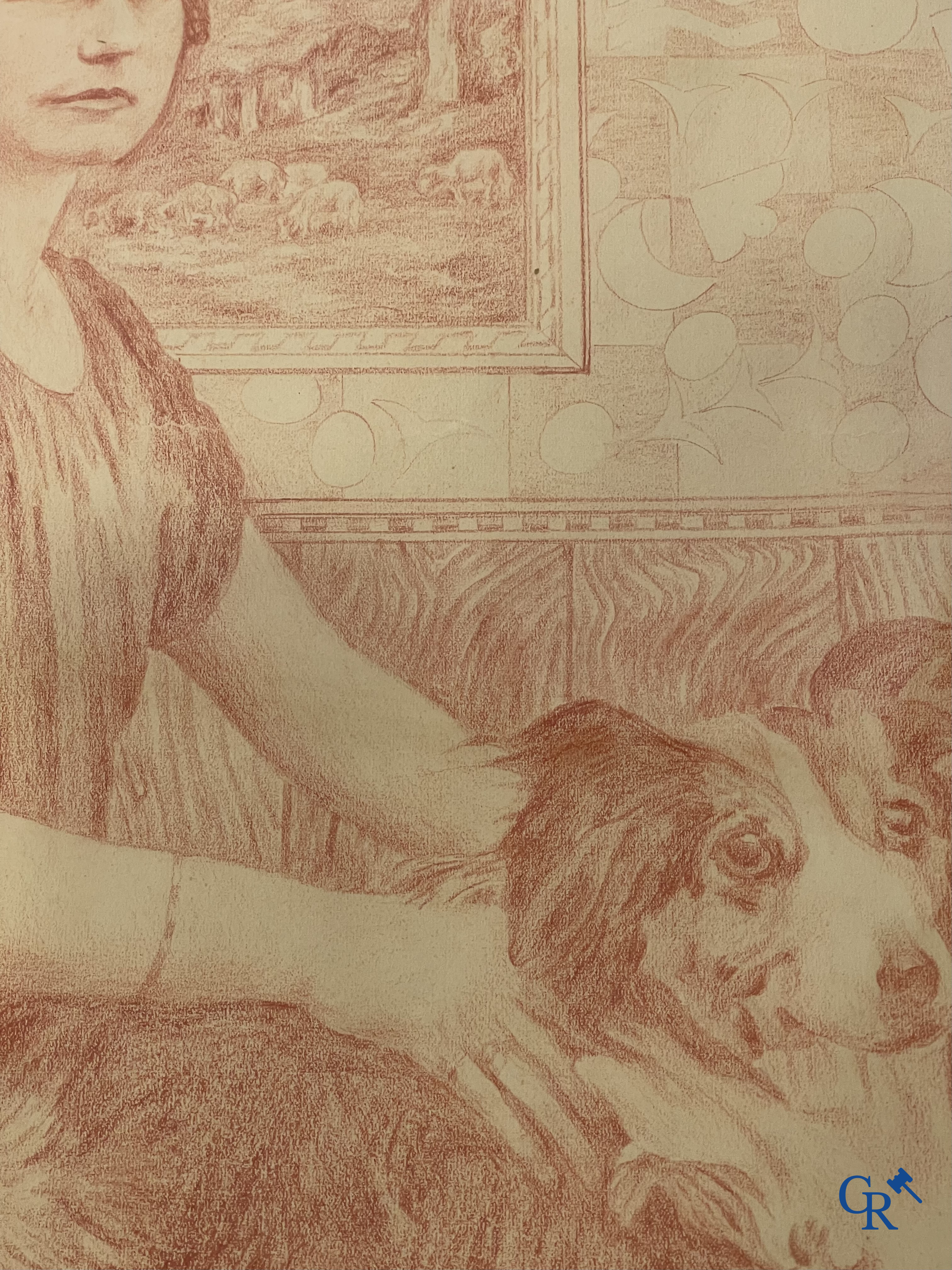 Théo Van Rysselberghe (1862-1926) Portrait of a lady with dogs. Red chalk on paper. Dated 1915.