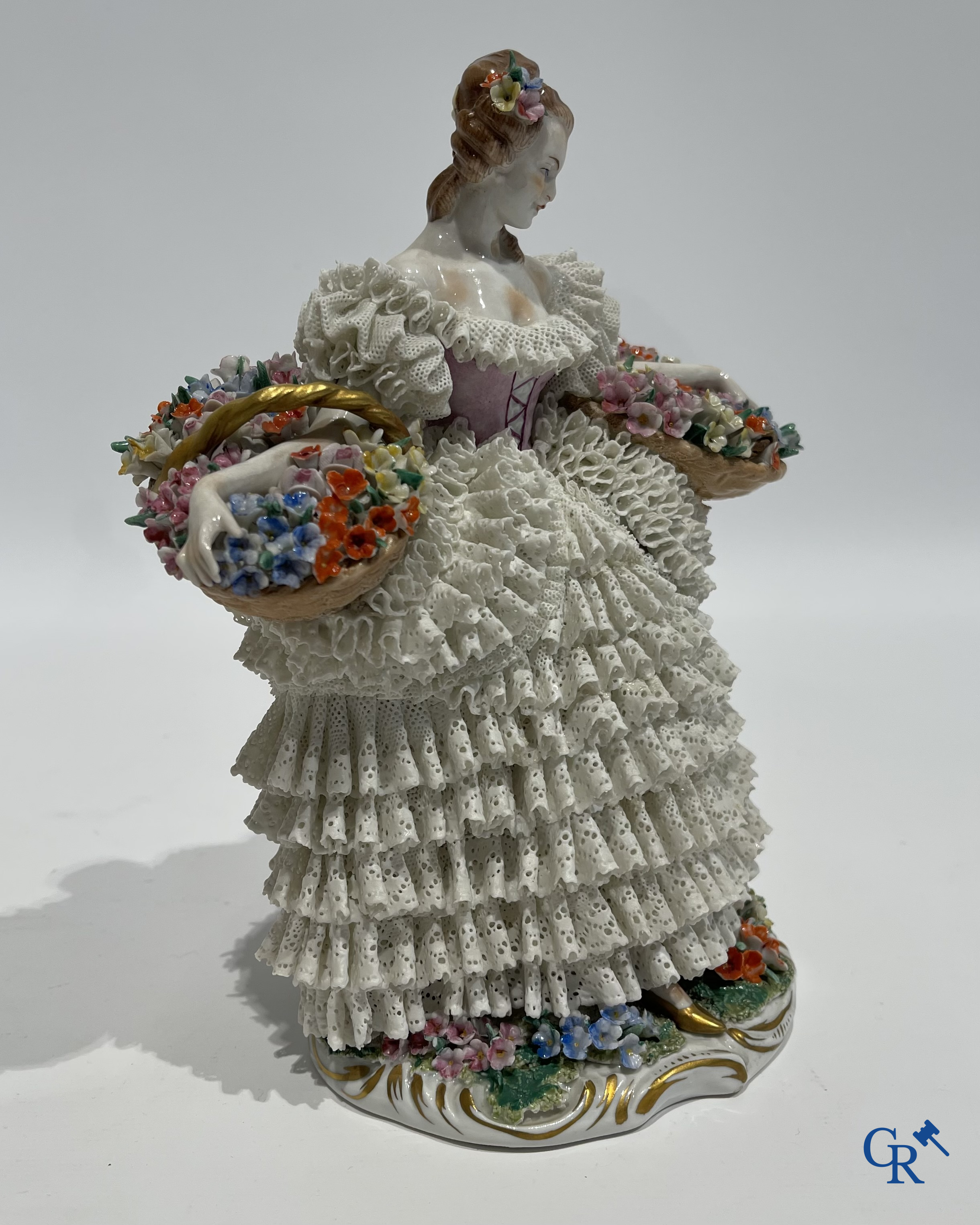 German porcelain. 3 groups in lace porcelain. Marked Volkstedt Rudolstadt and Sitzendorf.