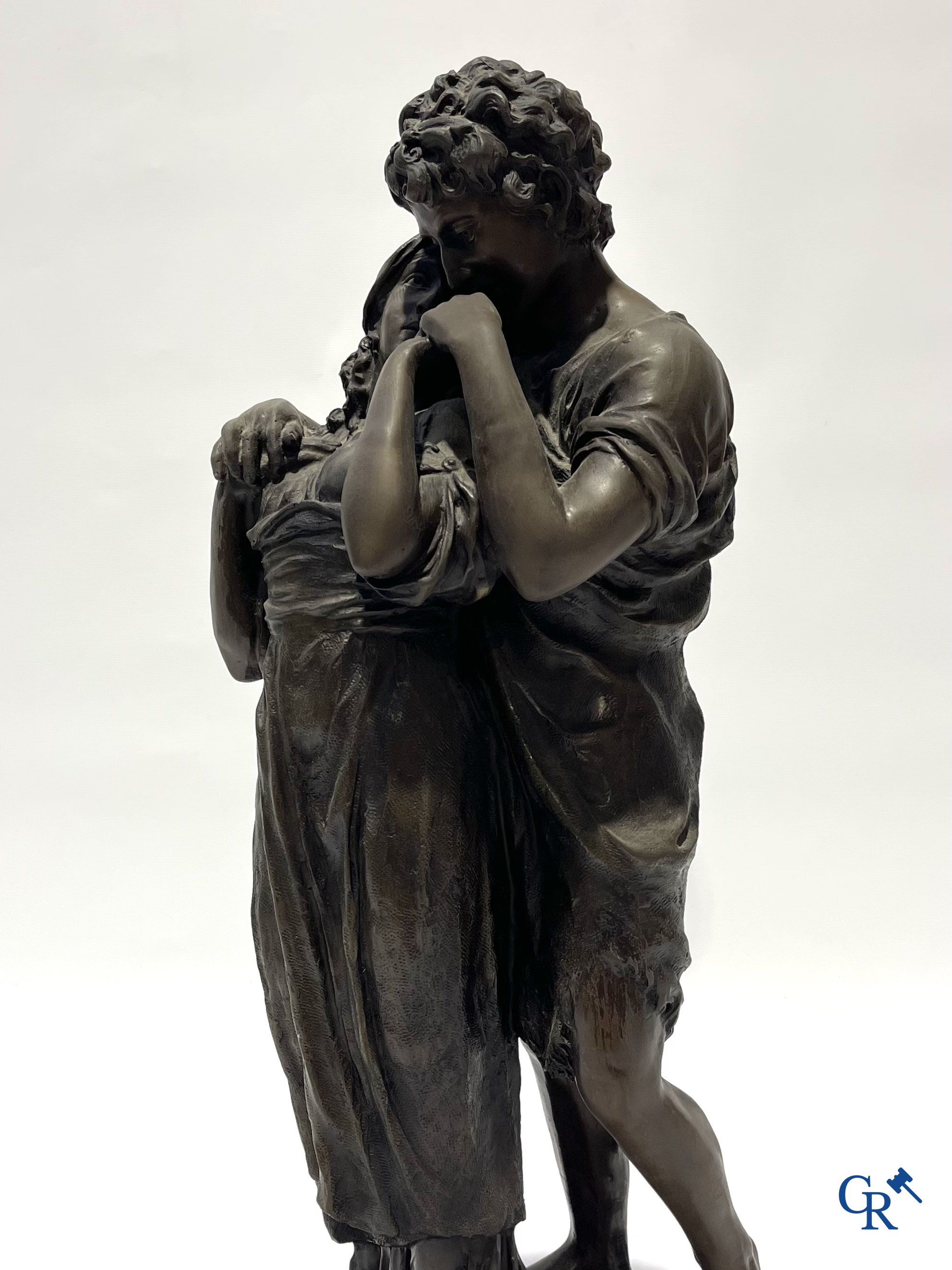 Large bronze statue on marble pedestal. Romantic couple. Bronze guaranteed. JB Paris. Posthumously.