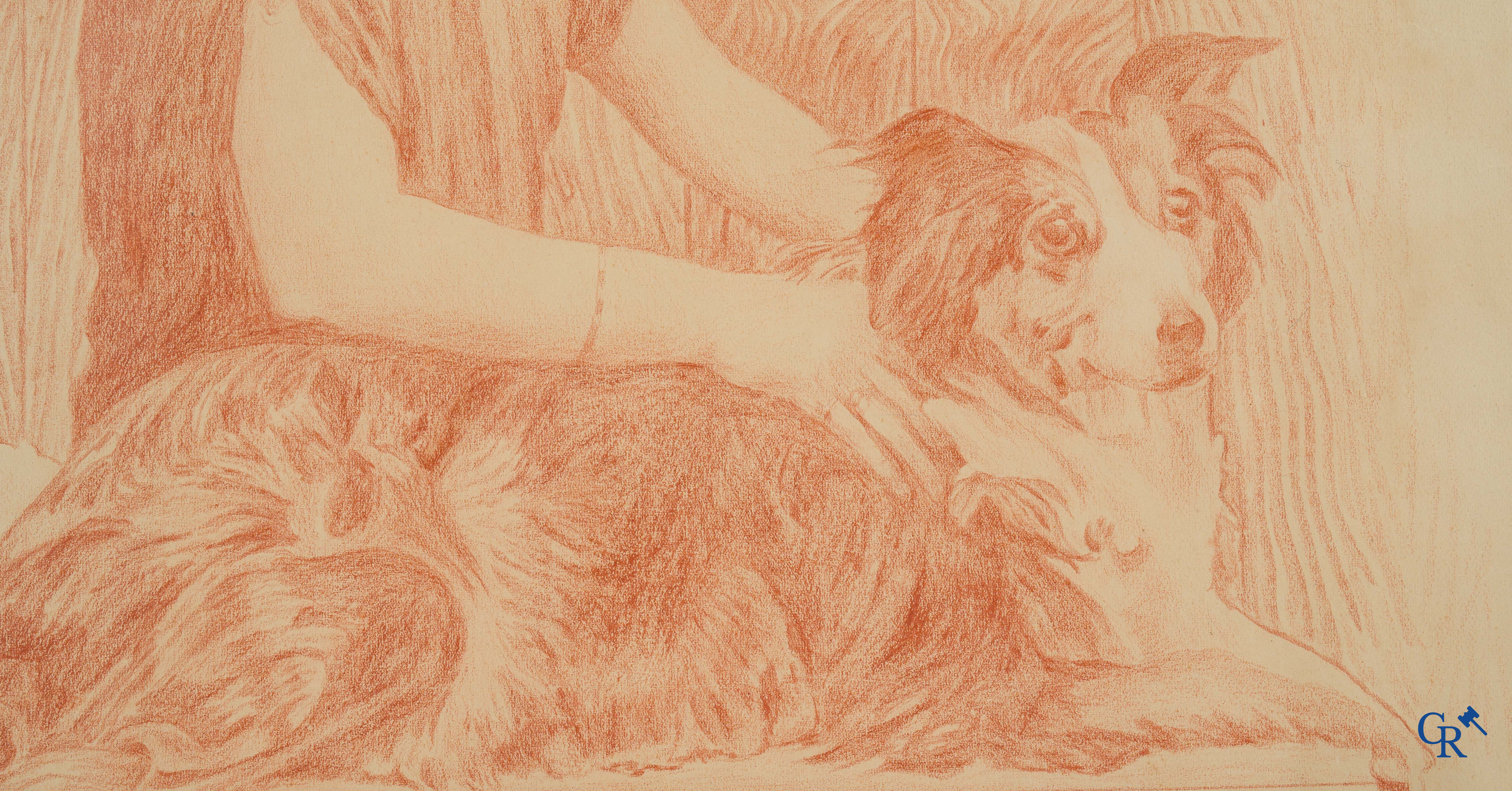 Théo Van Rysselberghe (1862-1926) Portrait of a lady with dogs. Red chalk on paper. Dated 1915.