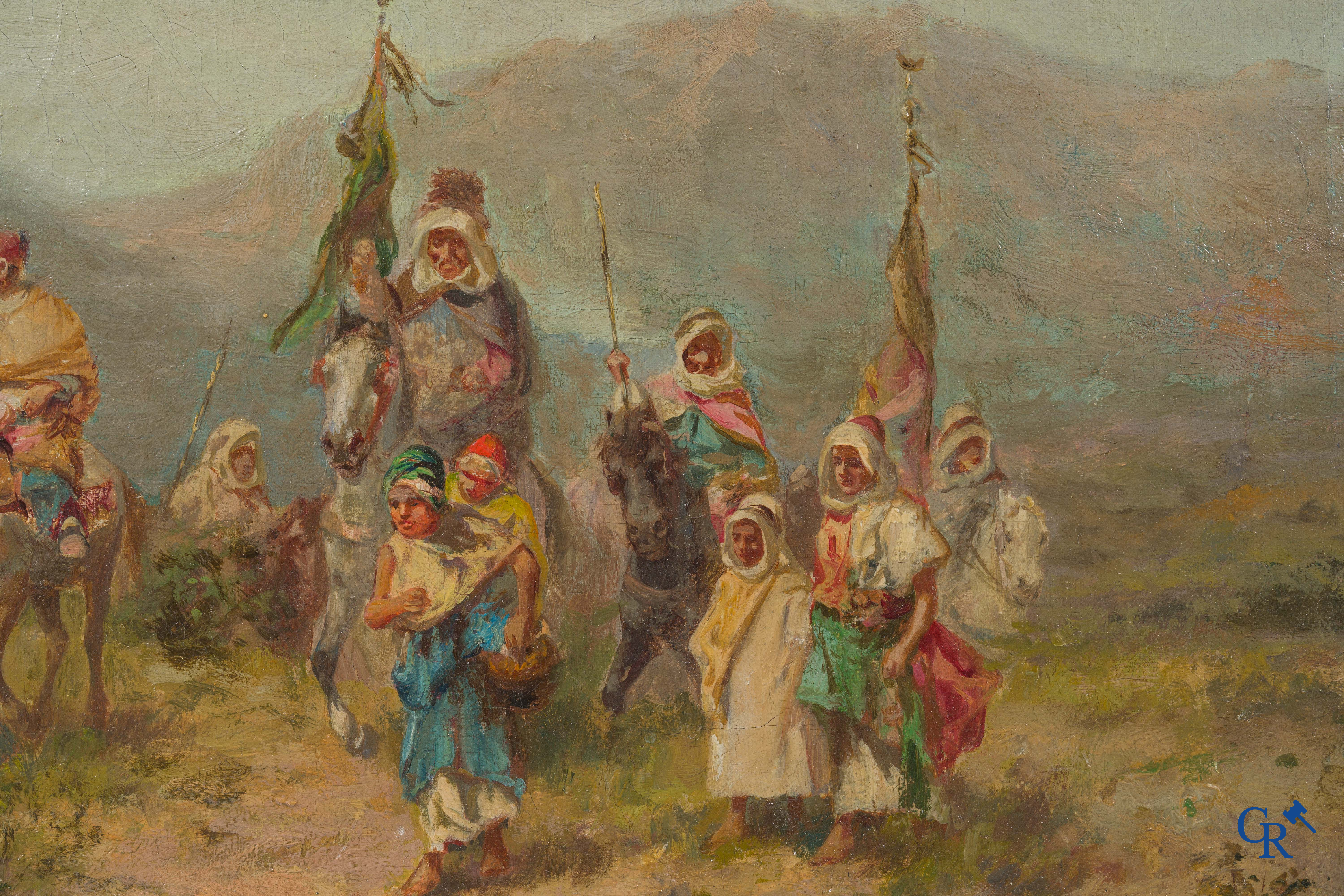 Painting. Oriental view with Arab riders and horses. Oil on canvas. Illegibly signed. 19th century.