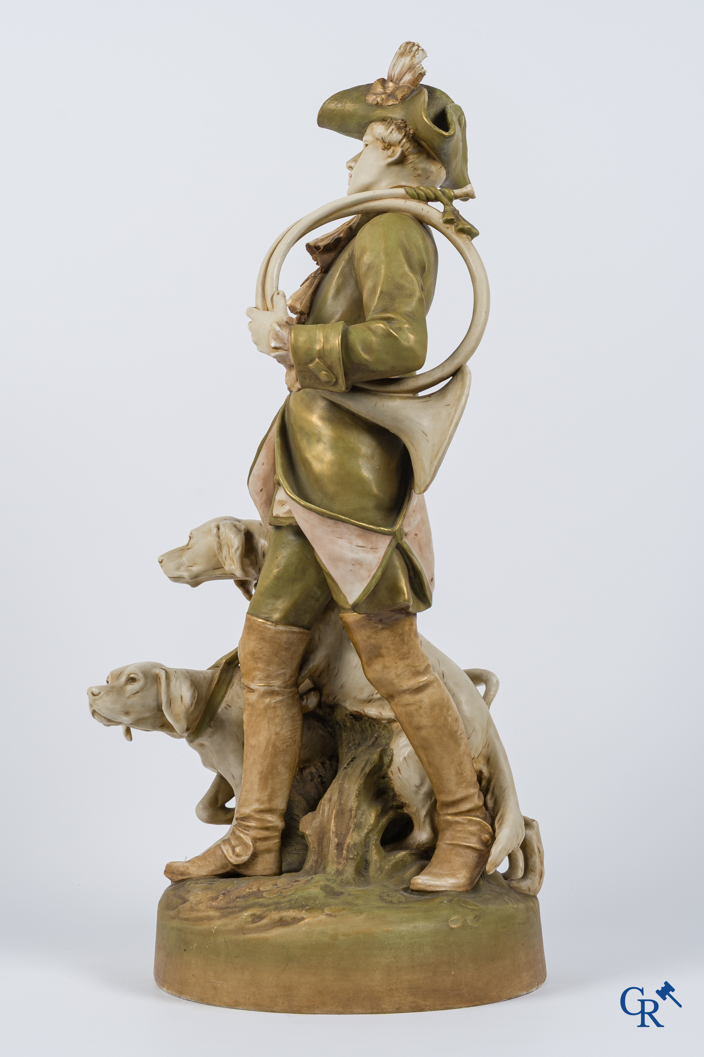 Royal Dux Bohemia. "Piqueur au Relais" Large polychrome group after the model by Hippolyte Moreau and Prosper Lecourtier.