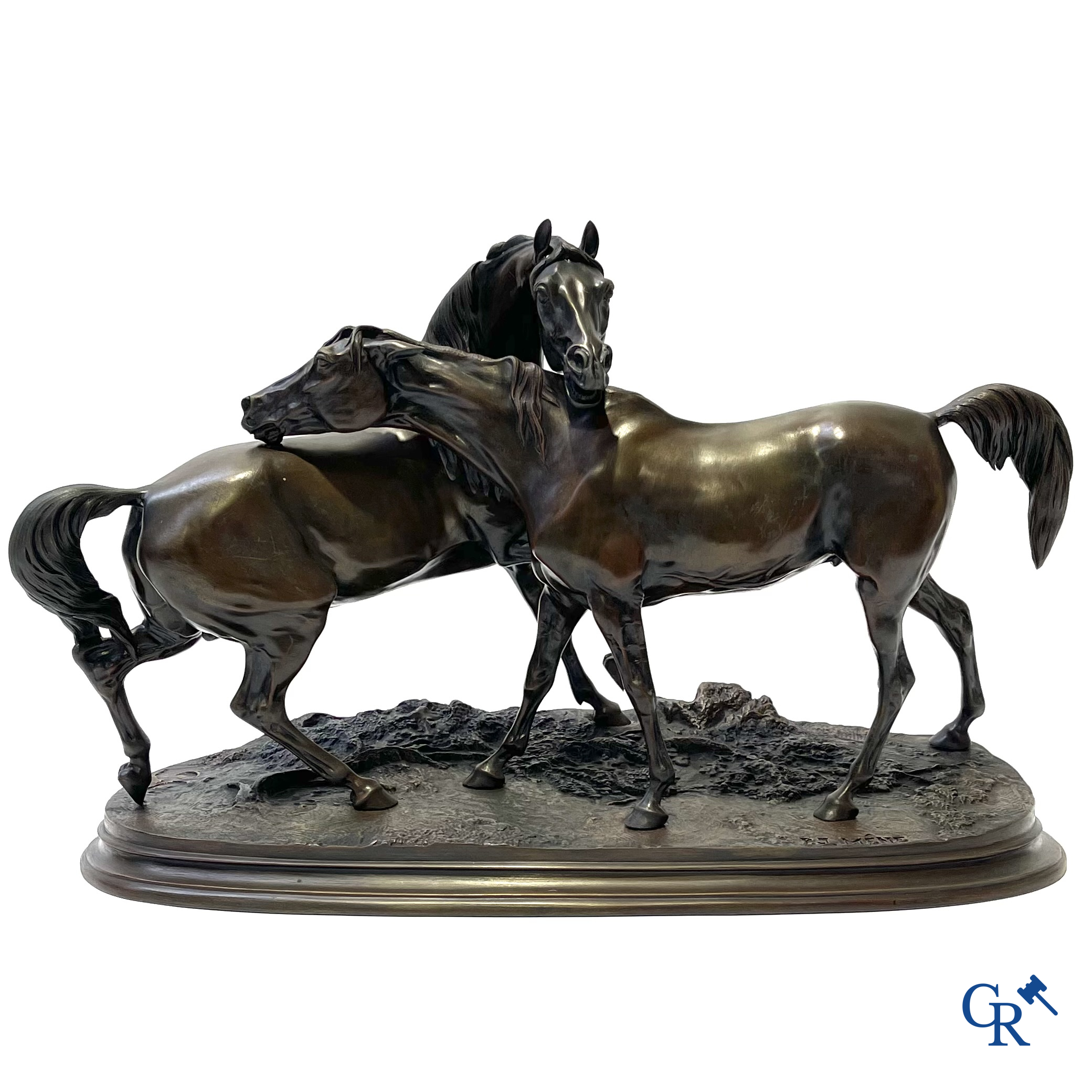 Pierre-Jules Mène (1810-1879) (Naar). L'Accolade, groep met Arabische paarden. Gesigneerd.