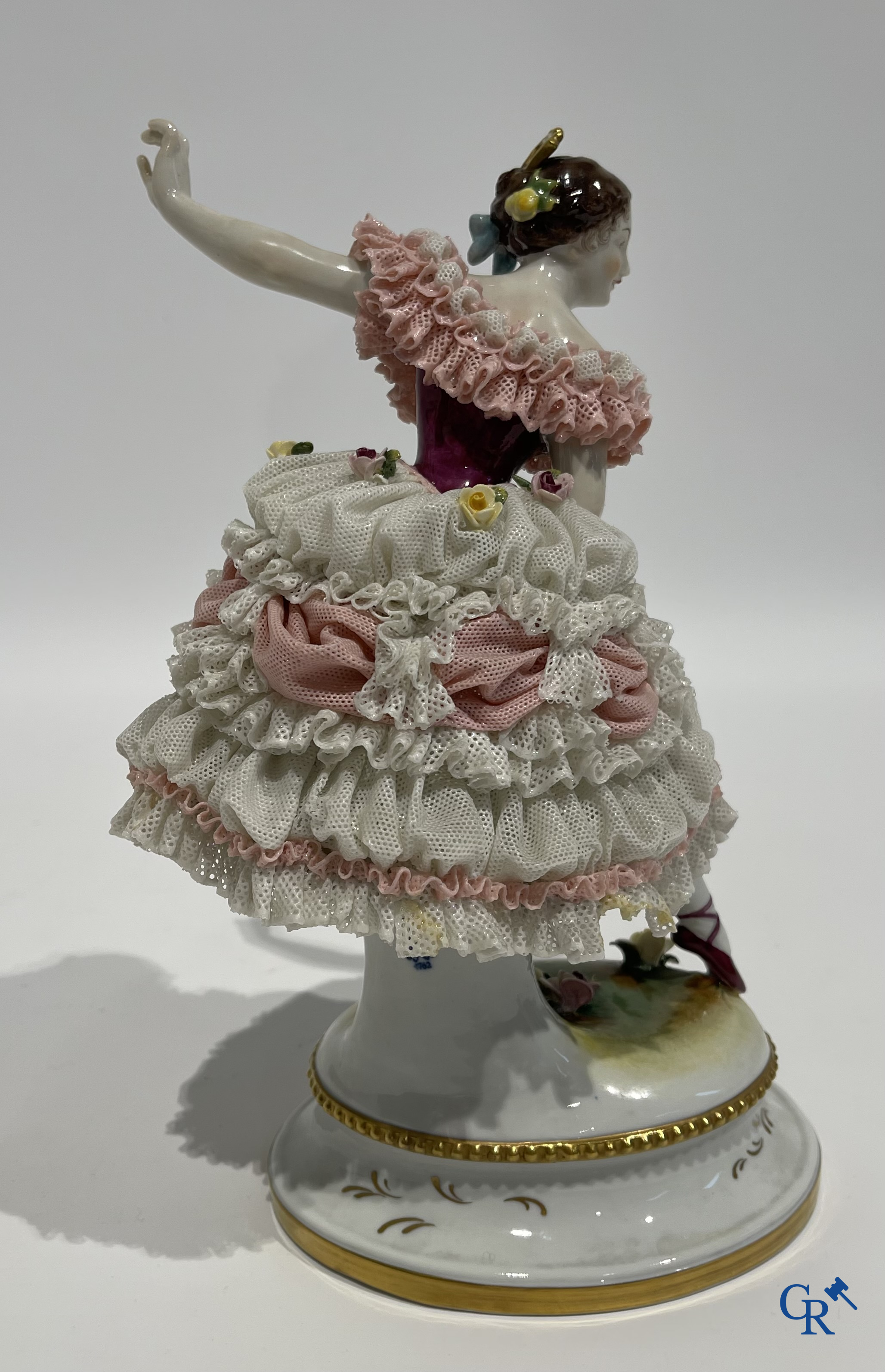 German porcelain. 3 groups in lace porcelain. Marked Volkstedt Rudolstadt and Sitzendorf.