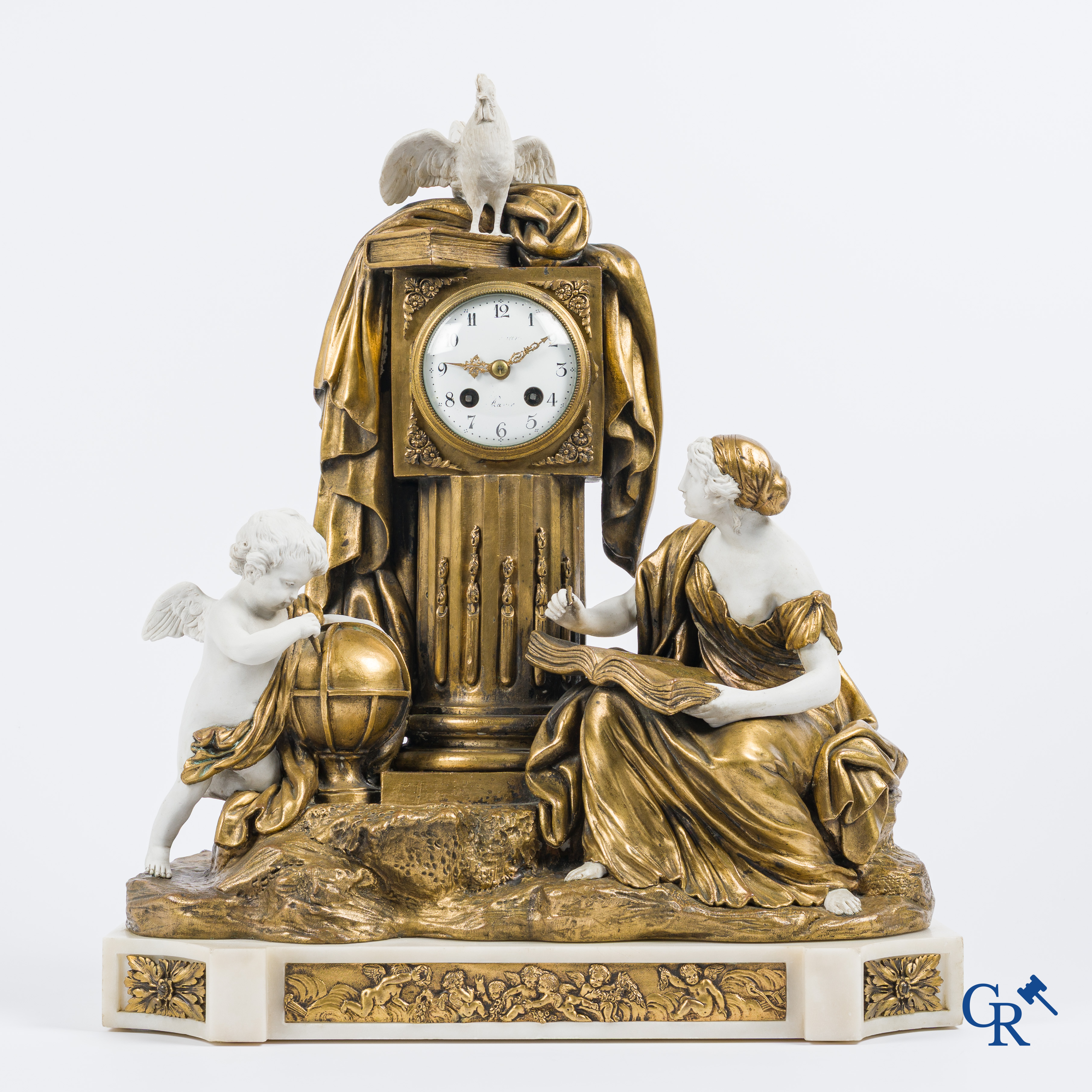 A fireplace clock in bronze, white marble and Sèvres biscuit. French work circa 1880.