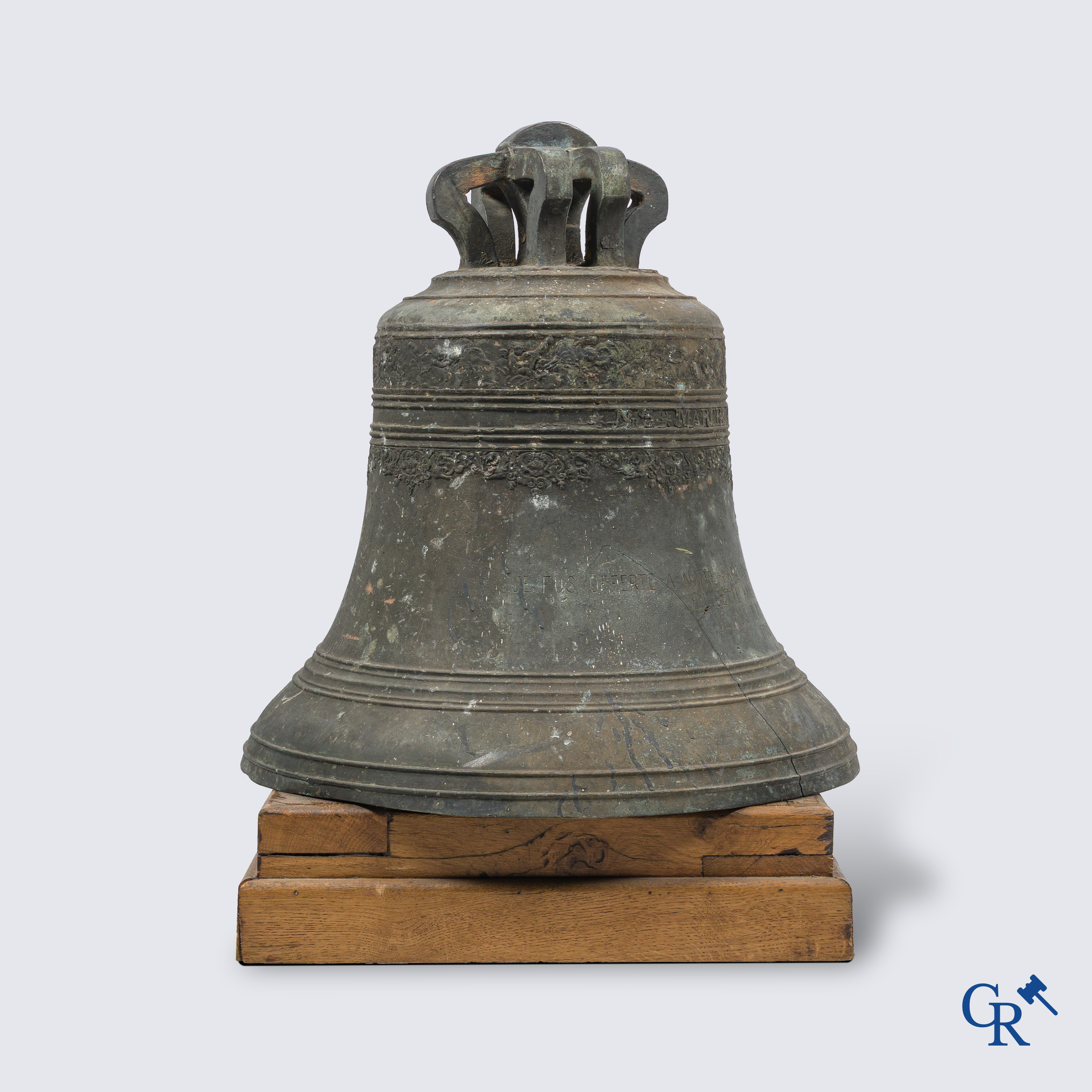 Religious objects. Large bronze church crown bell. Inscription band with angel motifs.