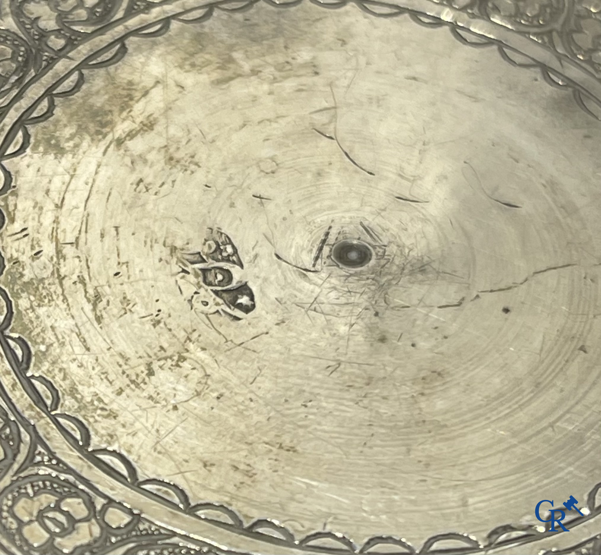 Finely engraved Persian silver cup with a tree of life and scenes from court life. 19th century.