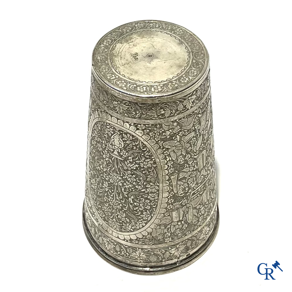 Finely engraved Persian silver cup with a tree of life and scenes from court life. 19th century.