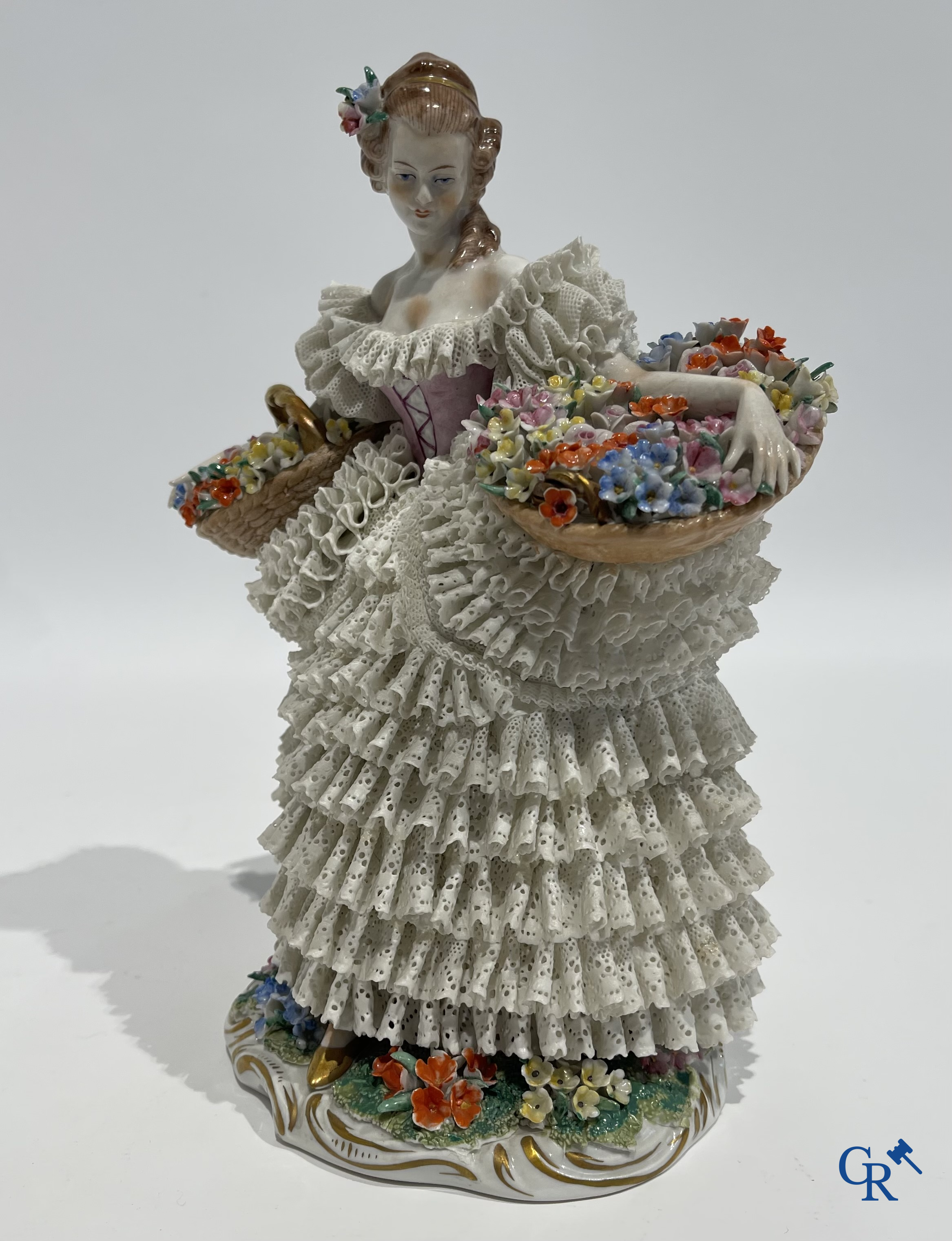 German porcelain. 3 groups in lace porcelain. Marked Volkstedt Rudolstadt and Sitzendorf.