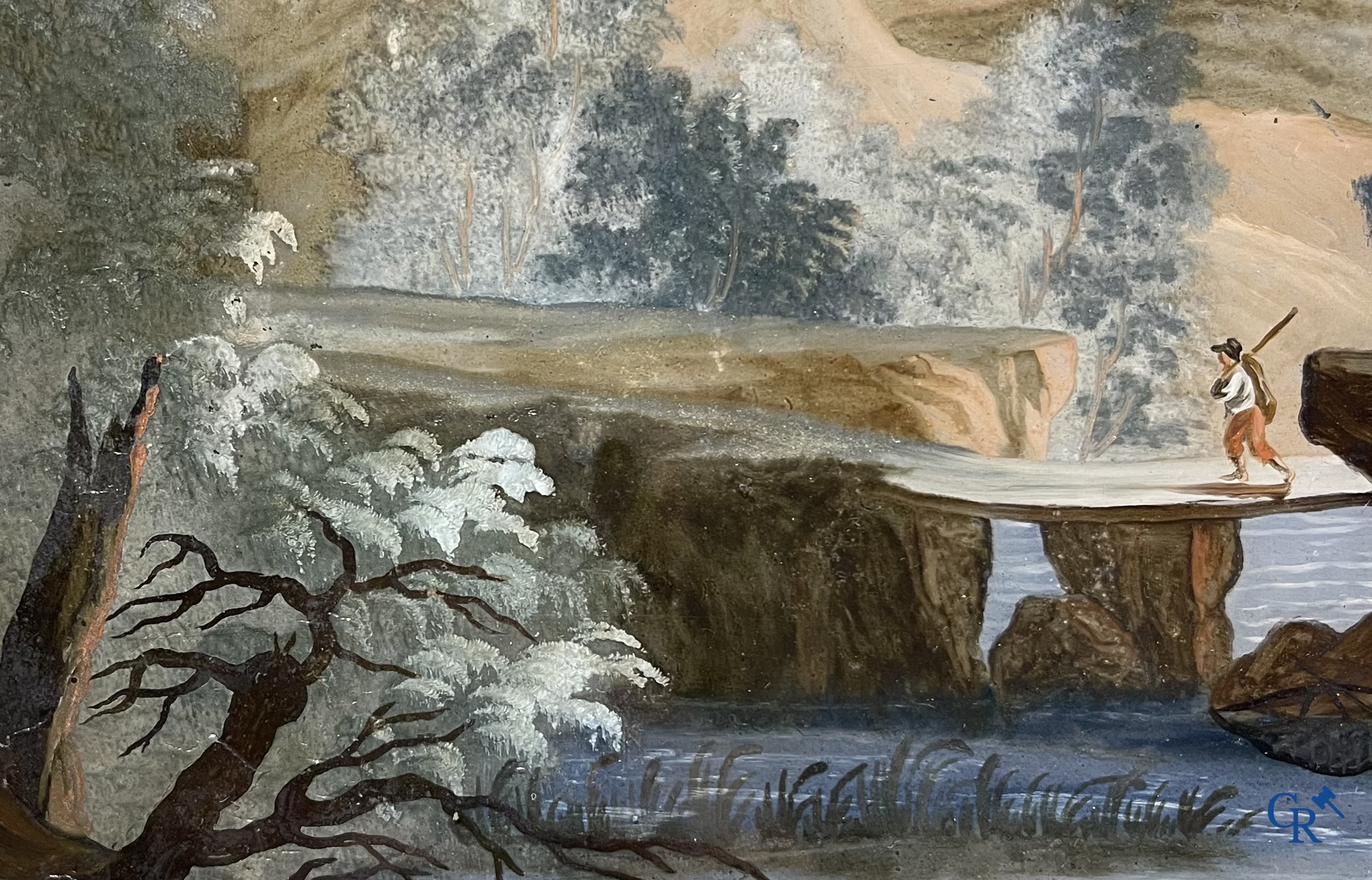 Achterglasschildering of Verre églomisé, Italiaans landschap met een rivier. Italiaanse of Franse school circa 1800.